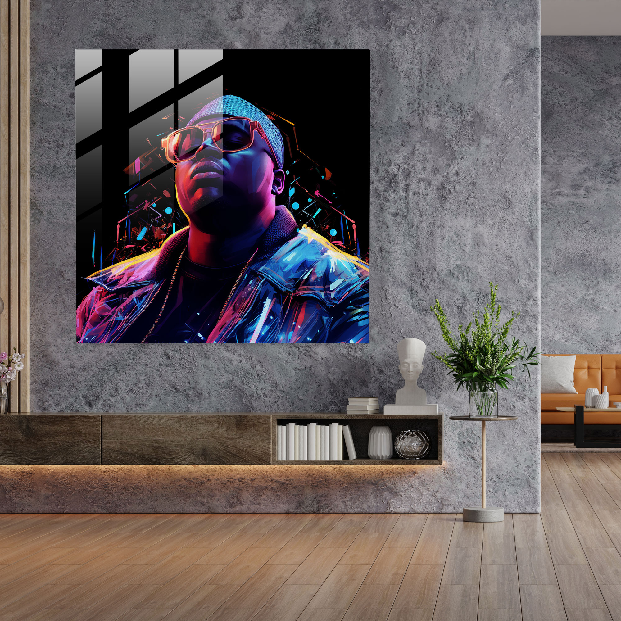 Notorious B.i.g. Digital Art Glass Print - Notorious Big, Glass Wall Art, Neon Lights, Glitch Aesthetics