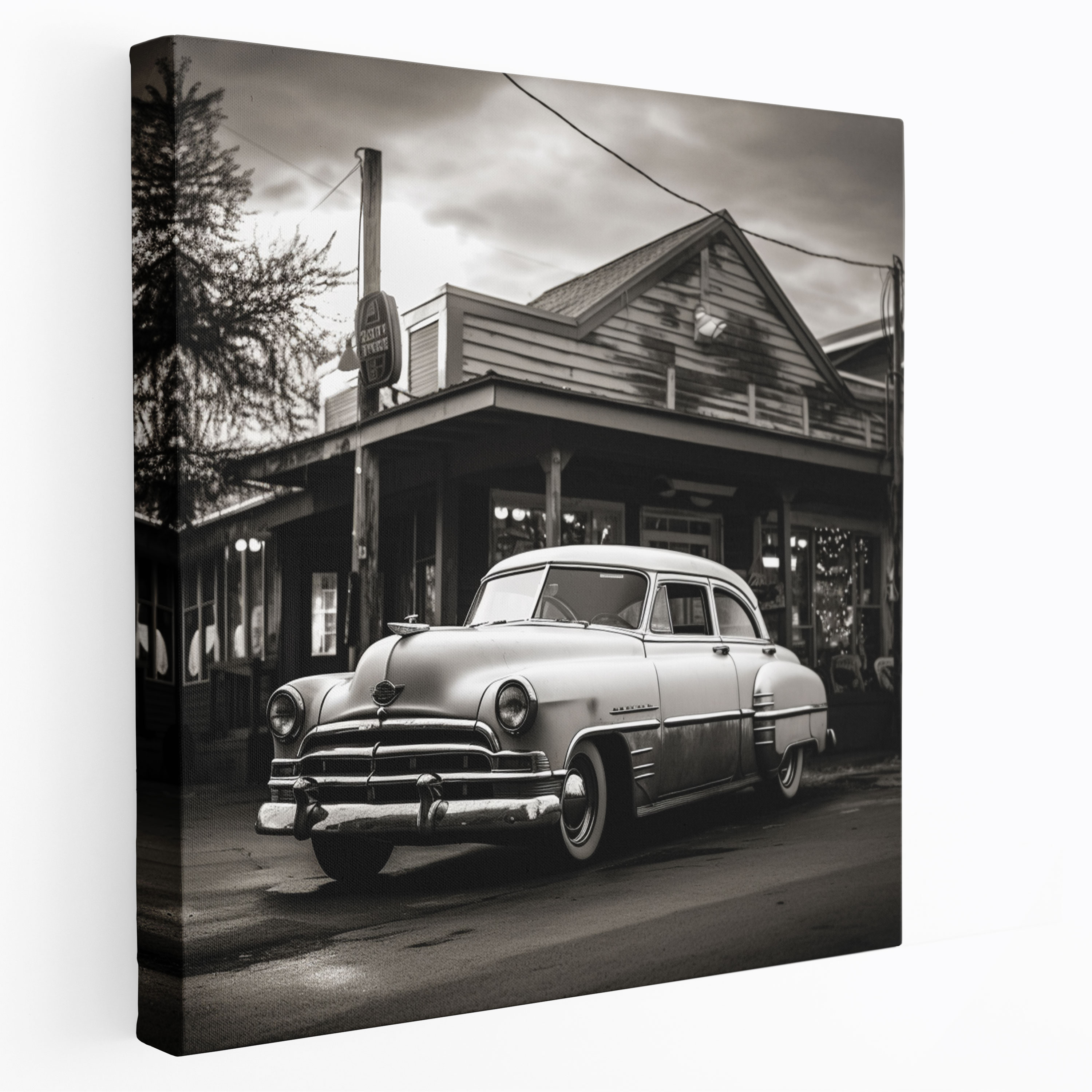 Nostalgia Canvas Print - Classic Car In Front Of Old Diner - Nostalgia, Bygone Era, Wall Decoration, Old Diner