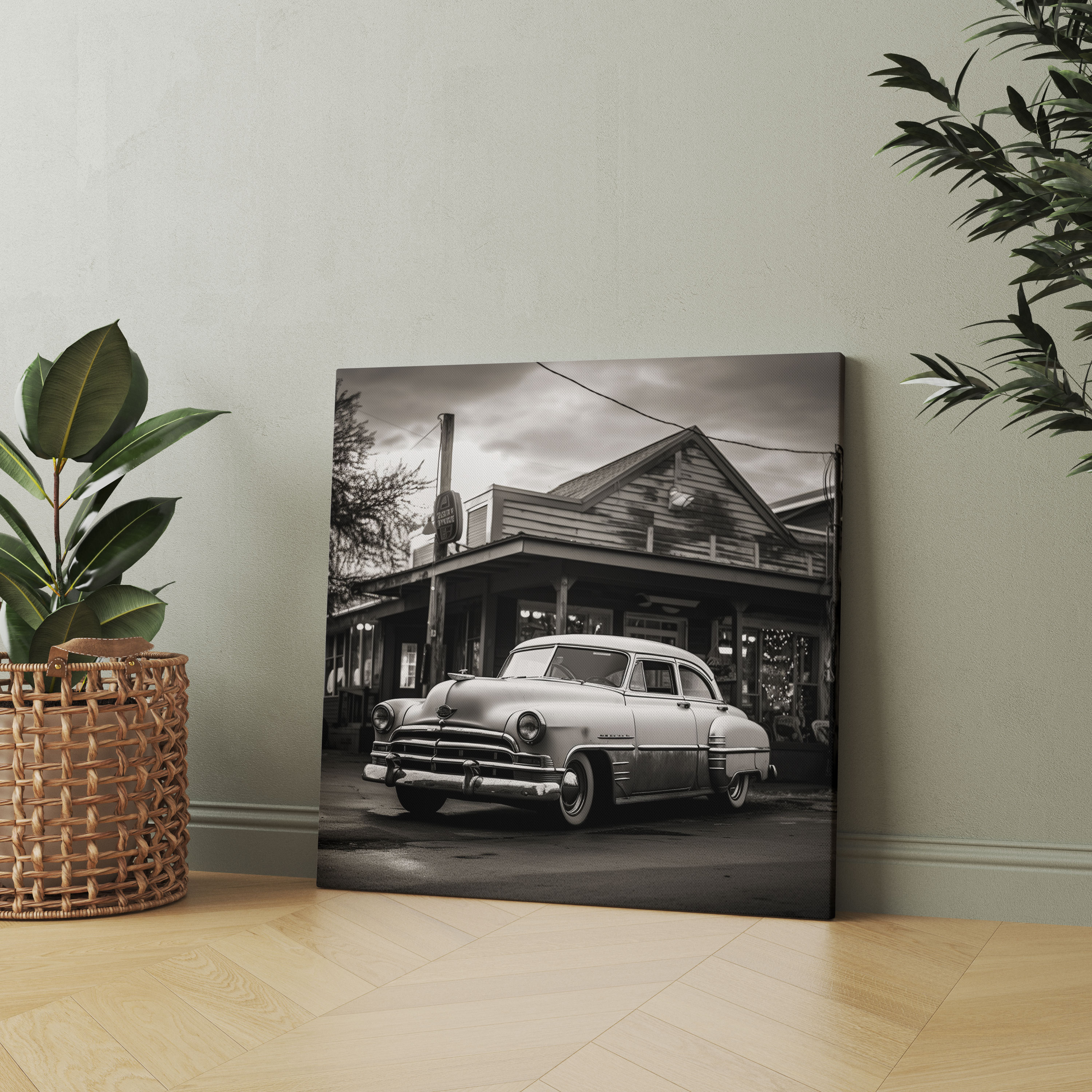Nostalgia Canvas Print - Classic Car In Front Of Old Diner - Nostalgia, Bygone Era, Wall Decoration, Old Diner