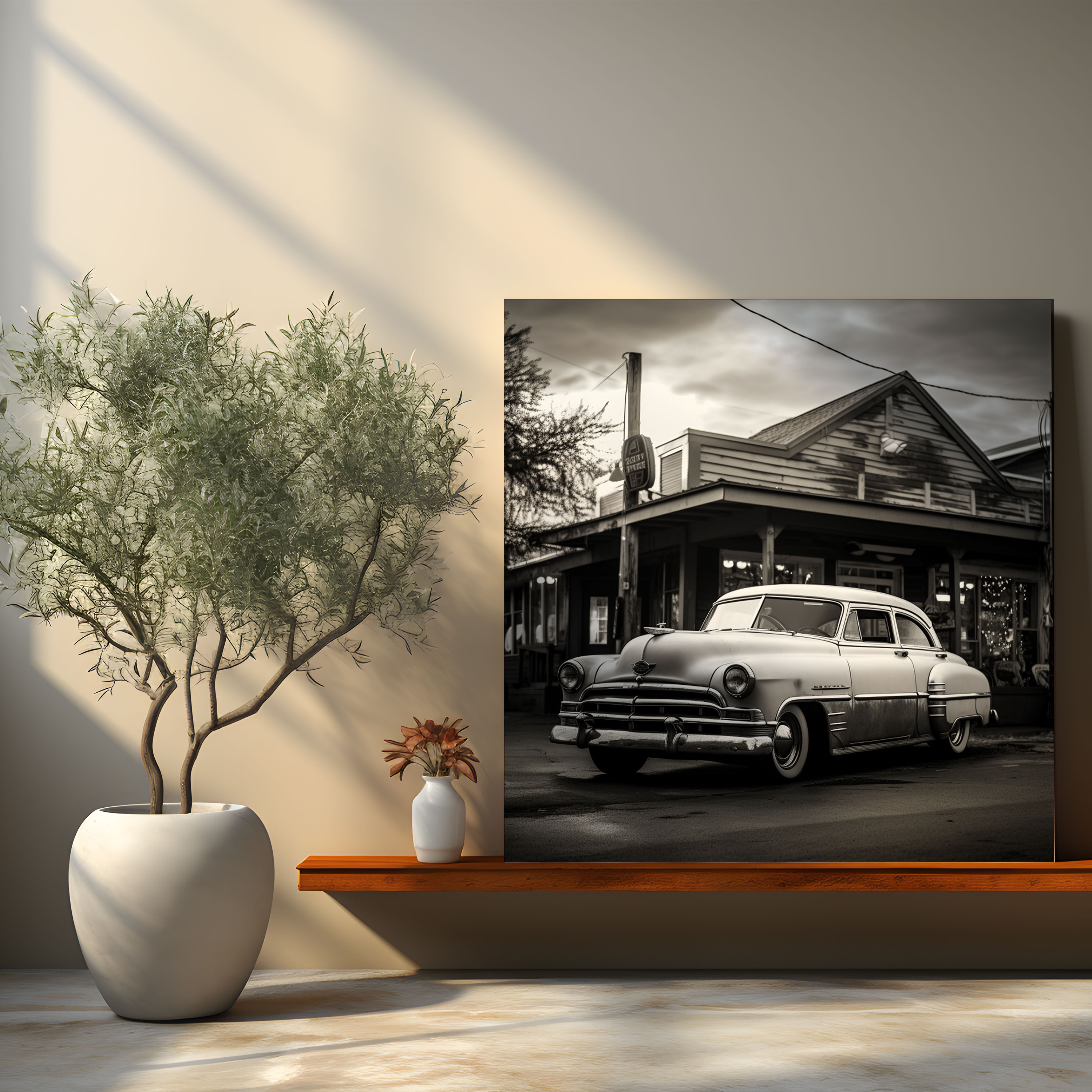 Nostalgia Canvas Print - Classic Car In Front Of Old Diner - Nostalgia, Bygone Era, Wall Decoration, Old Diner