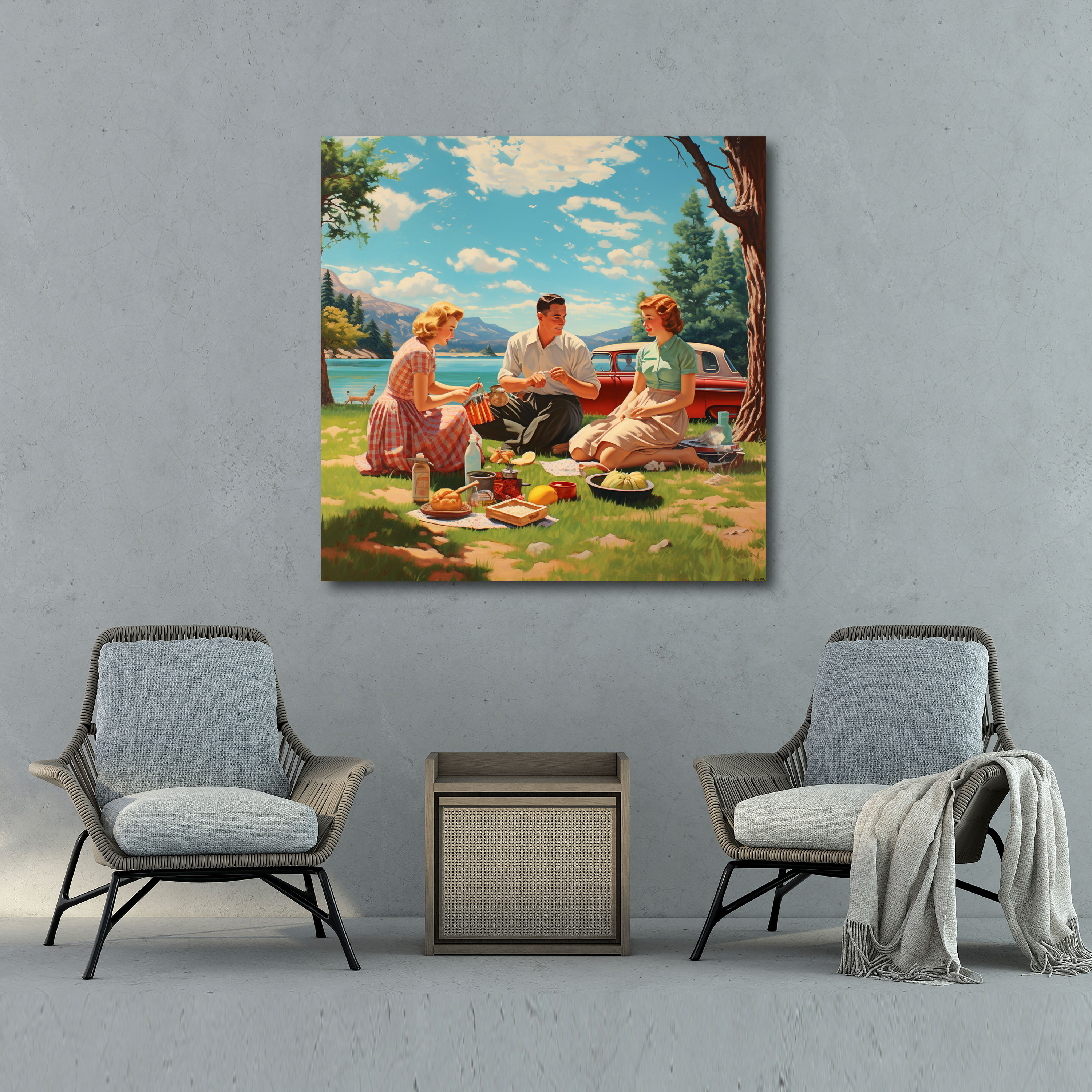 Nostalgia Retro-Style Illustrated Canvas Print - Family Picnic - Nostalgia, Family Picnic, Canvas Wall Art, Nostalgia