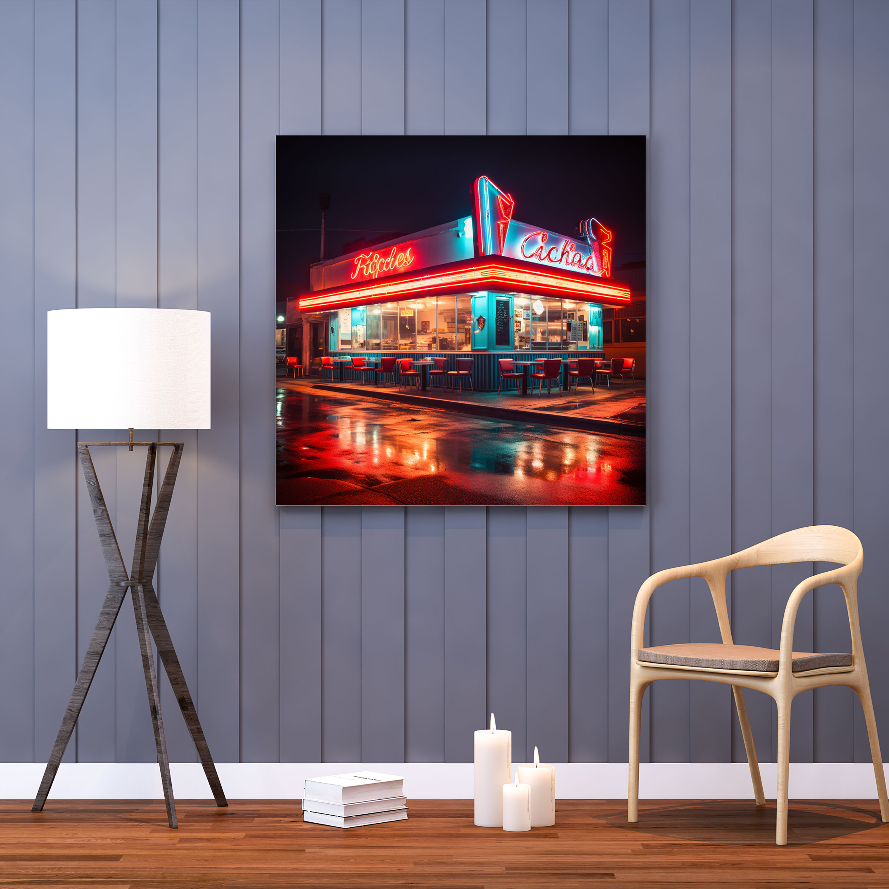 Nostaljik Retro Neon Işıklı Kanvas Tablo - Vintage Diner