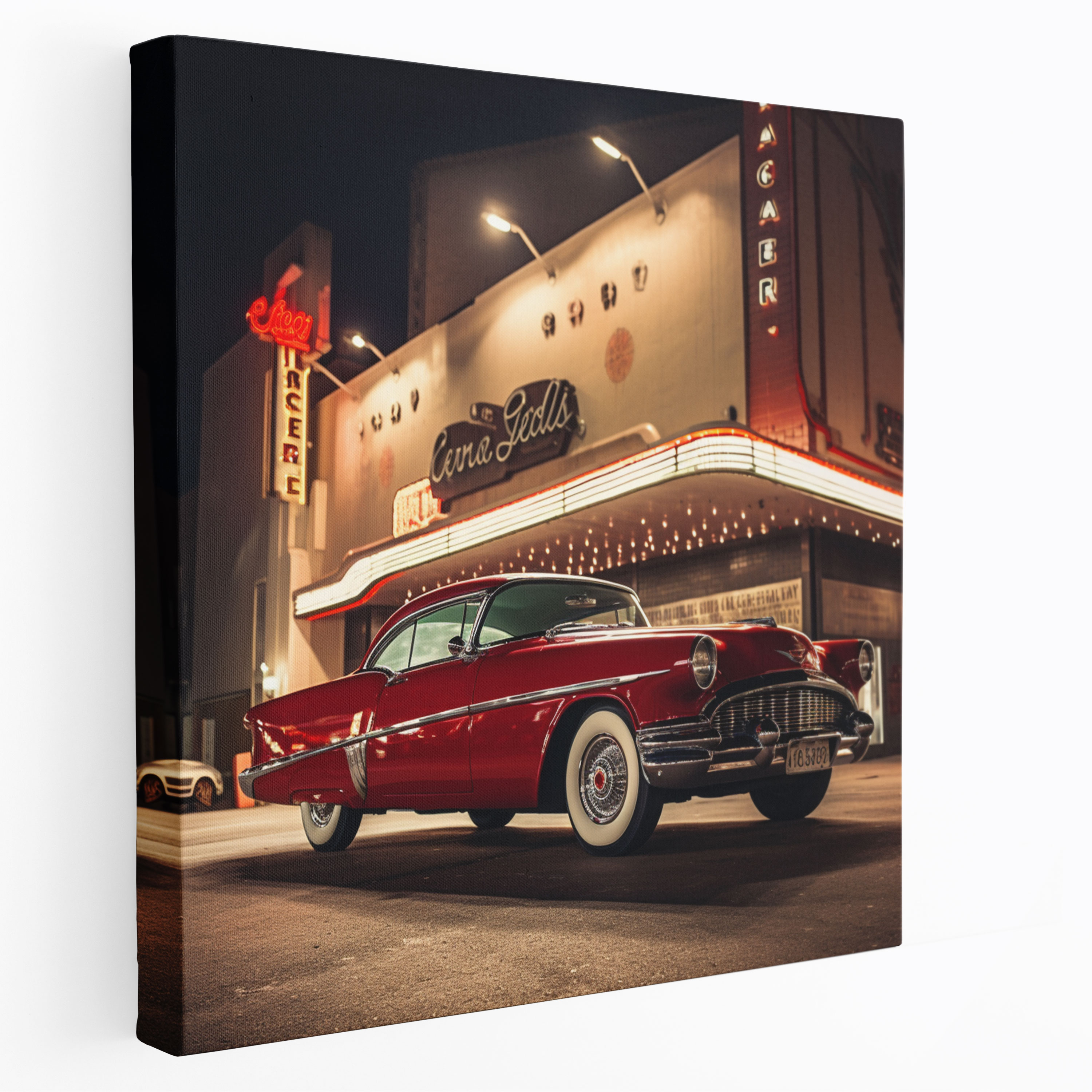 Nostalgia Retro-Style Photograph Canvas Print - Classic Car And Vintage Movie Theater - Nostalgia, Wall Art, Cinematic Nostalgia, Photograph