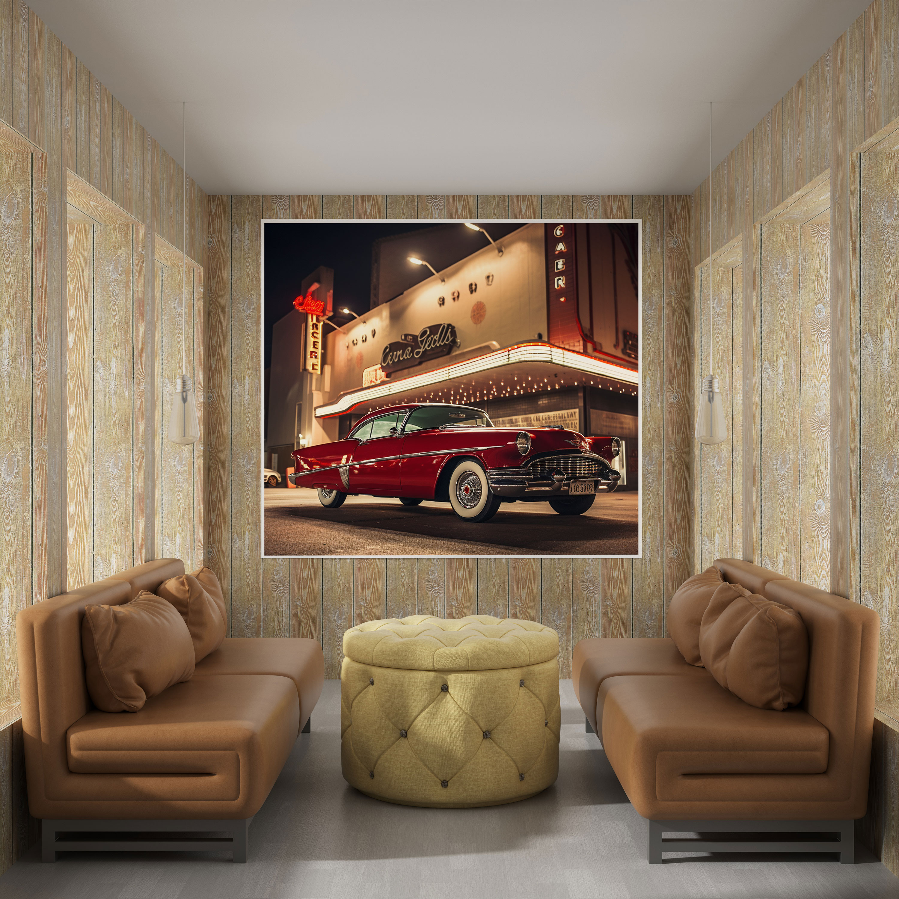 Nostalgia Retro-Style Photograph Canvas Print - Classic Car And Vintage Movie Theater - Nostalgia, Wall Art, Cinematic Nostalgia, Photograph
