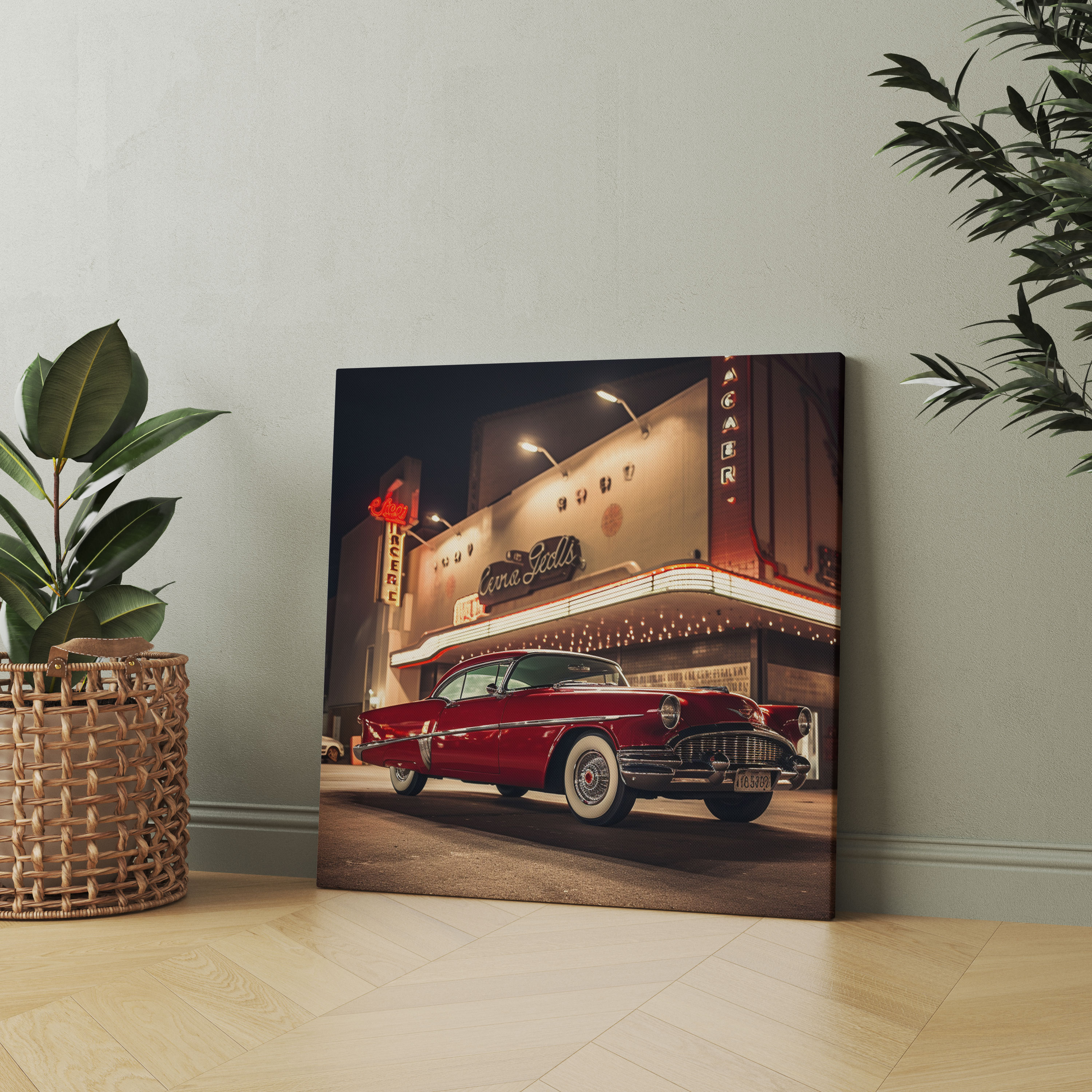 Nostalgia Retro-Style Photograph Canvas Print - Classic Car And Vintage Movie Theater - Nostalgia, Wall Art, Cinematic Nostalgia, Photograph
