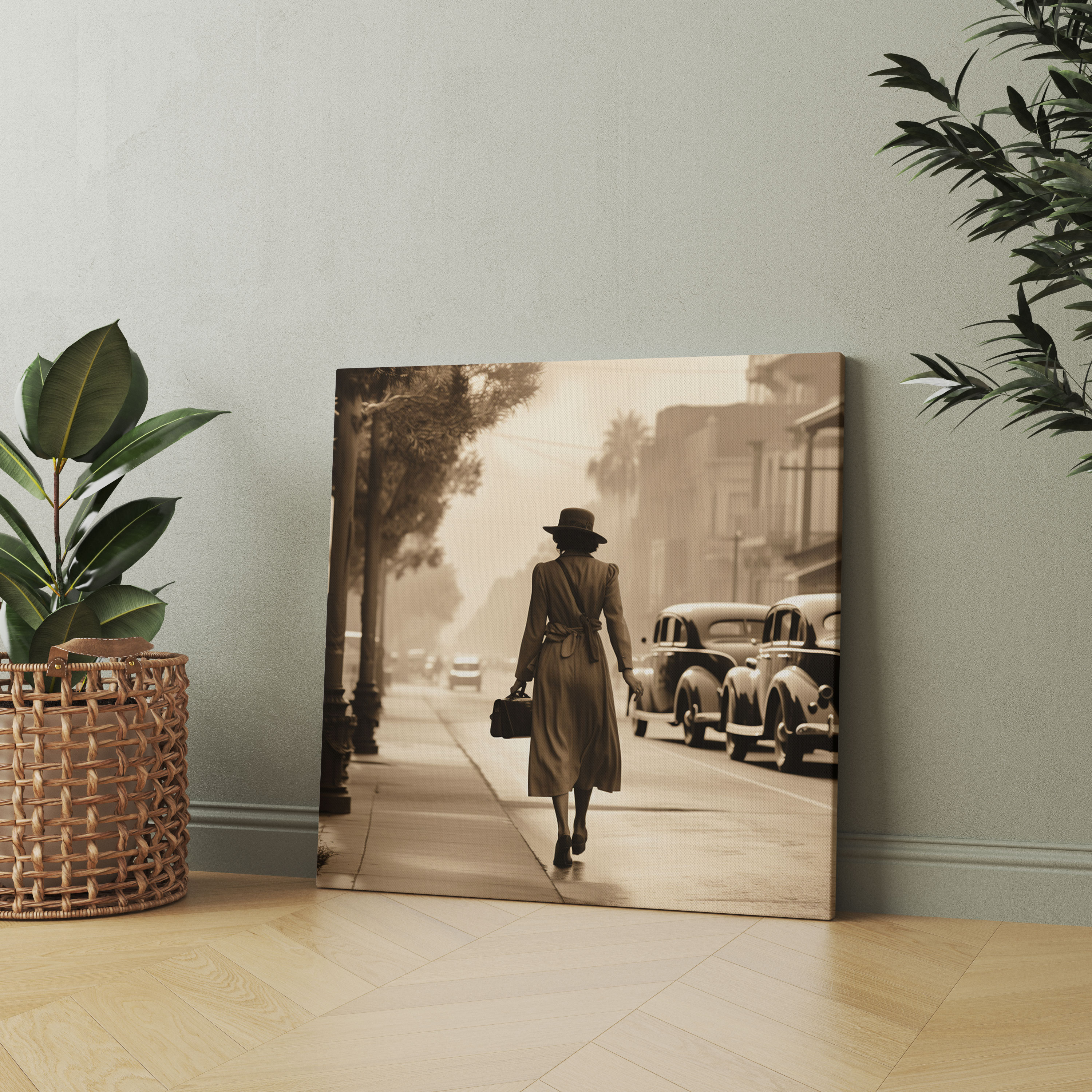 Nostalgia Canvas Print - Woman Walking Down The Street - Nostalgia, Wall Art, Wall Decoration, Vintage Sepia Photograph