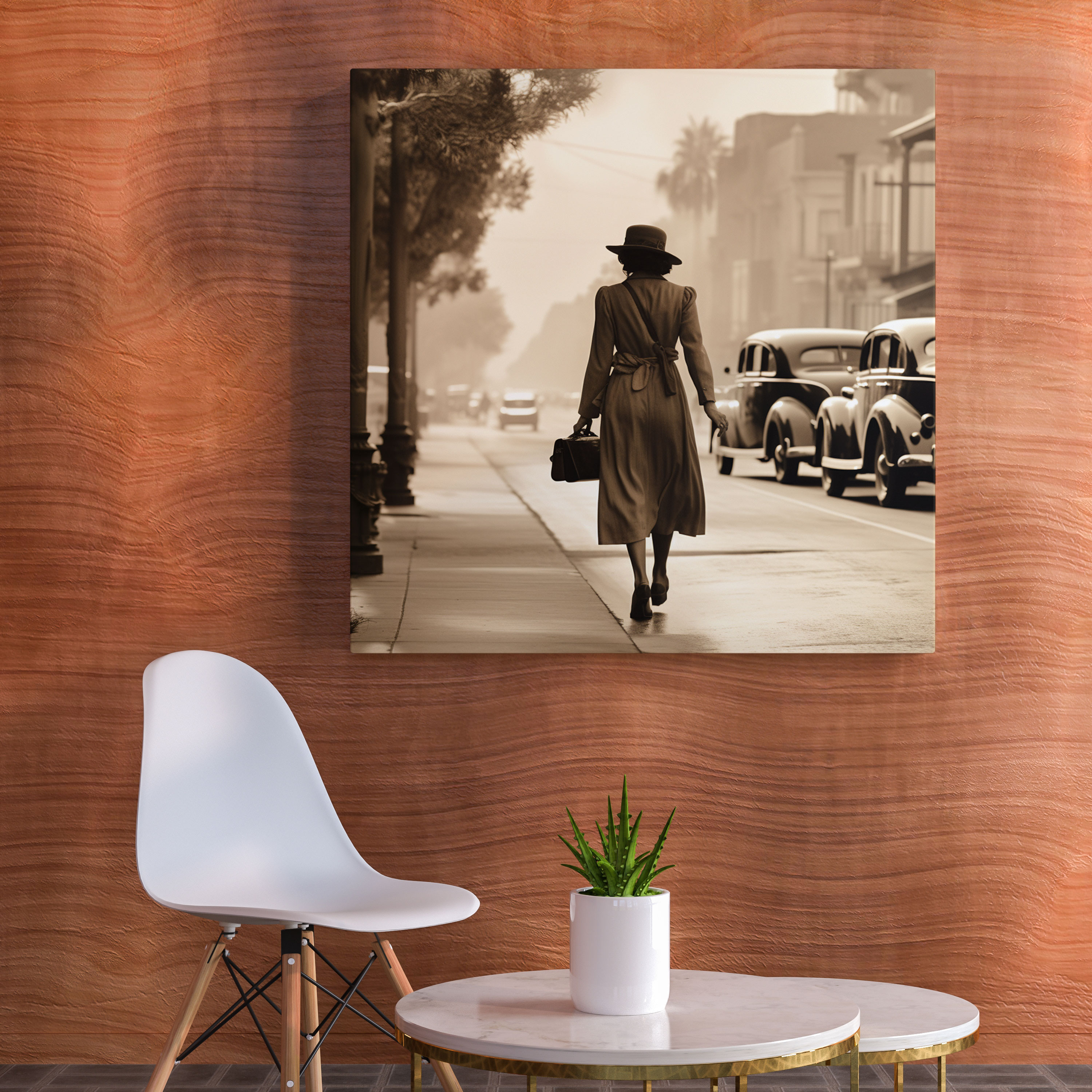 Nostalgia Canvas Print - Woman Walking Down The Street - Nostalgia, Wall Art, Wall Decoration, Vintage Sepia Photograph