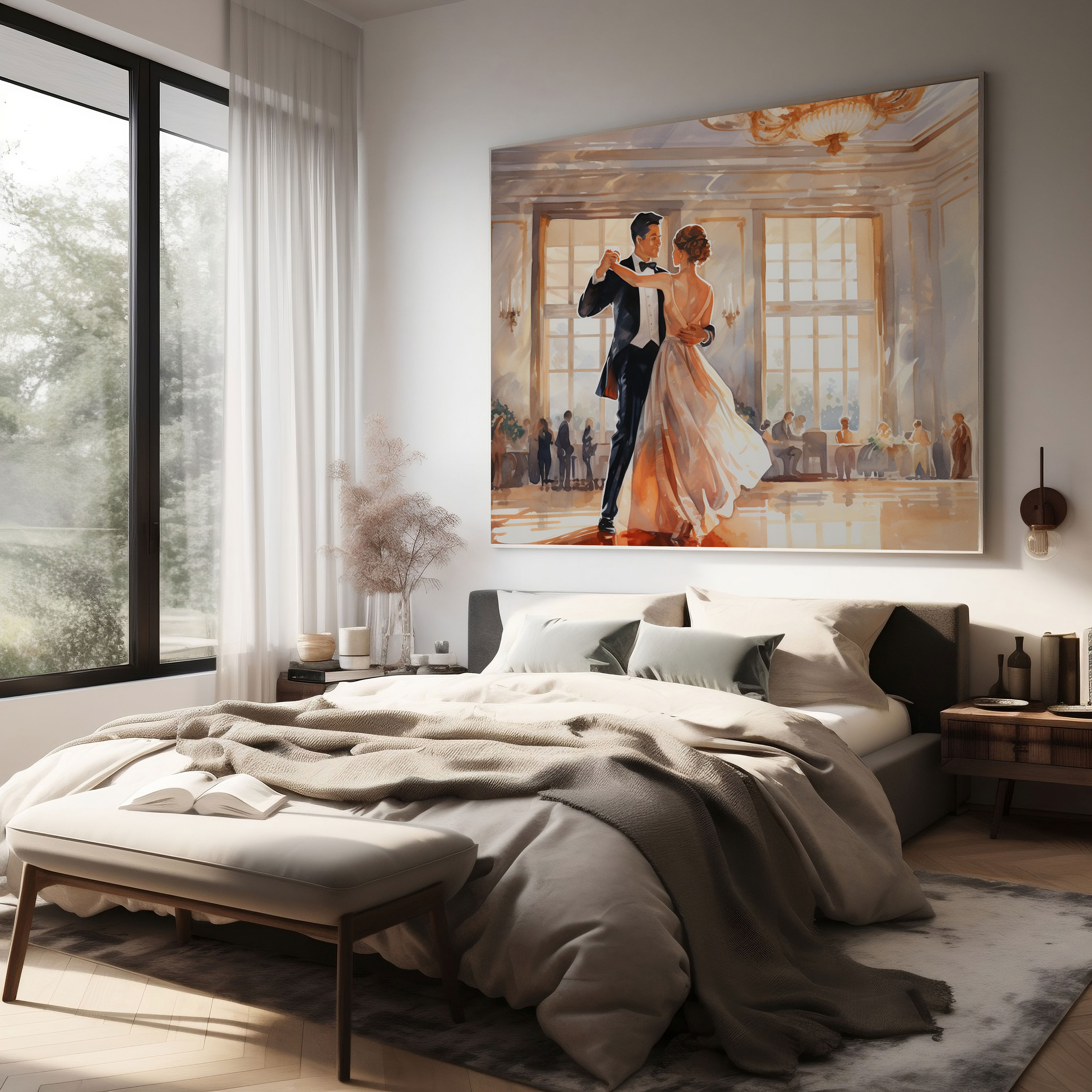 Nostaljik Retro Suluboya Kanvas Tablo - Nostalji Romantik Çift Retro Suluboya Resim