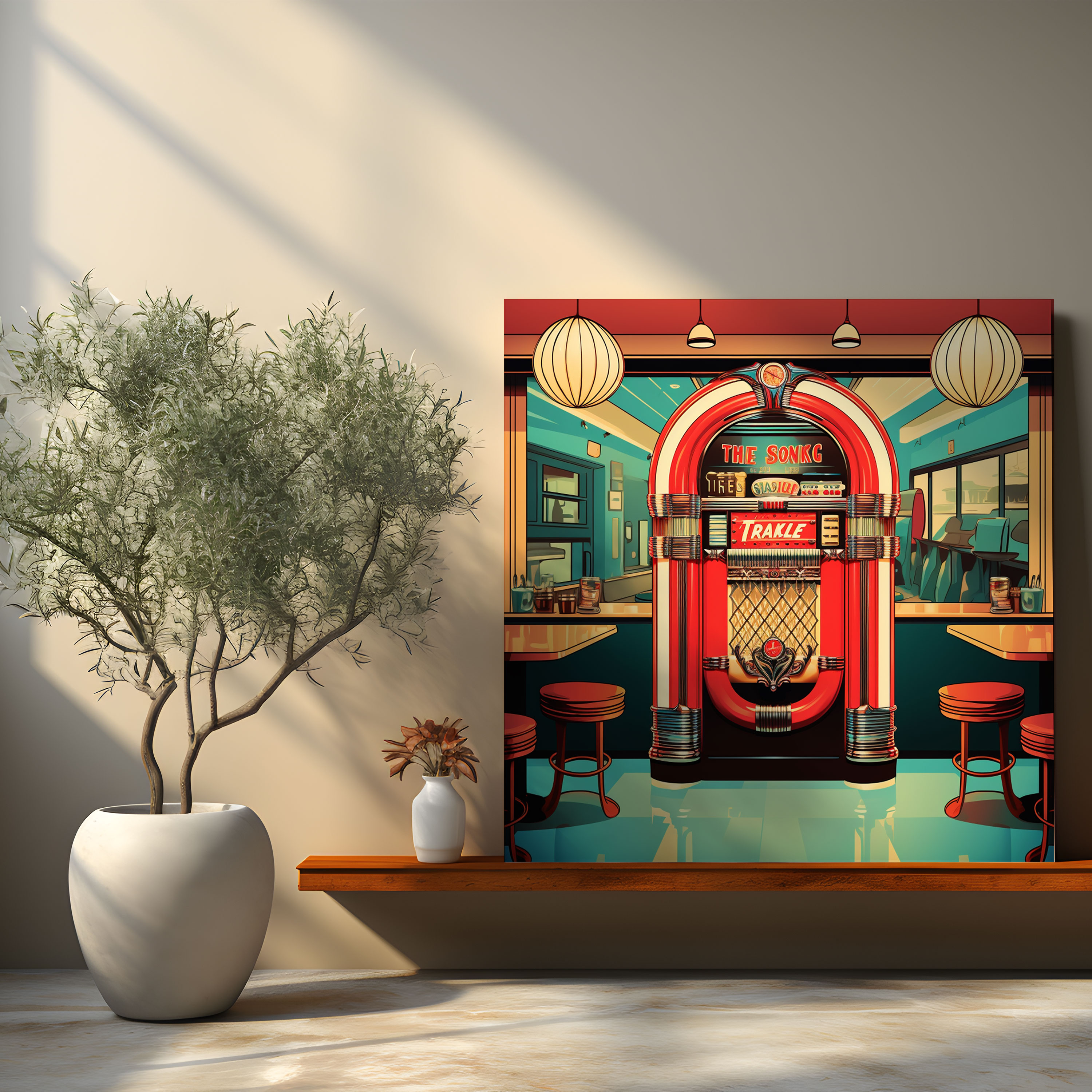Nostalgic Diner Jukebox Canvas Print - Nostalgia, Retro Poster Design, Vibrant Jukebox, Lively Music
