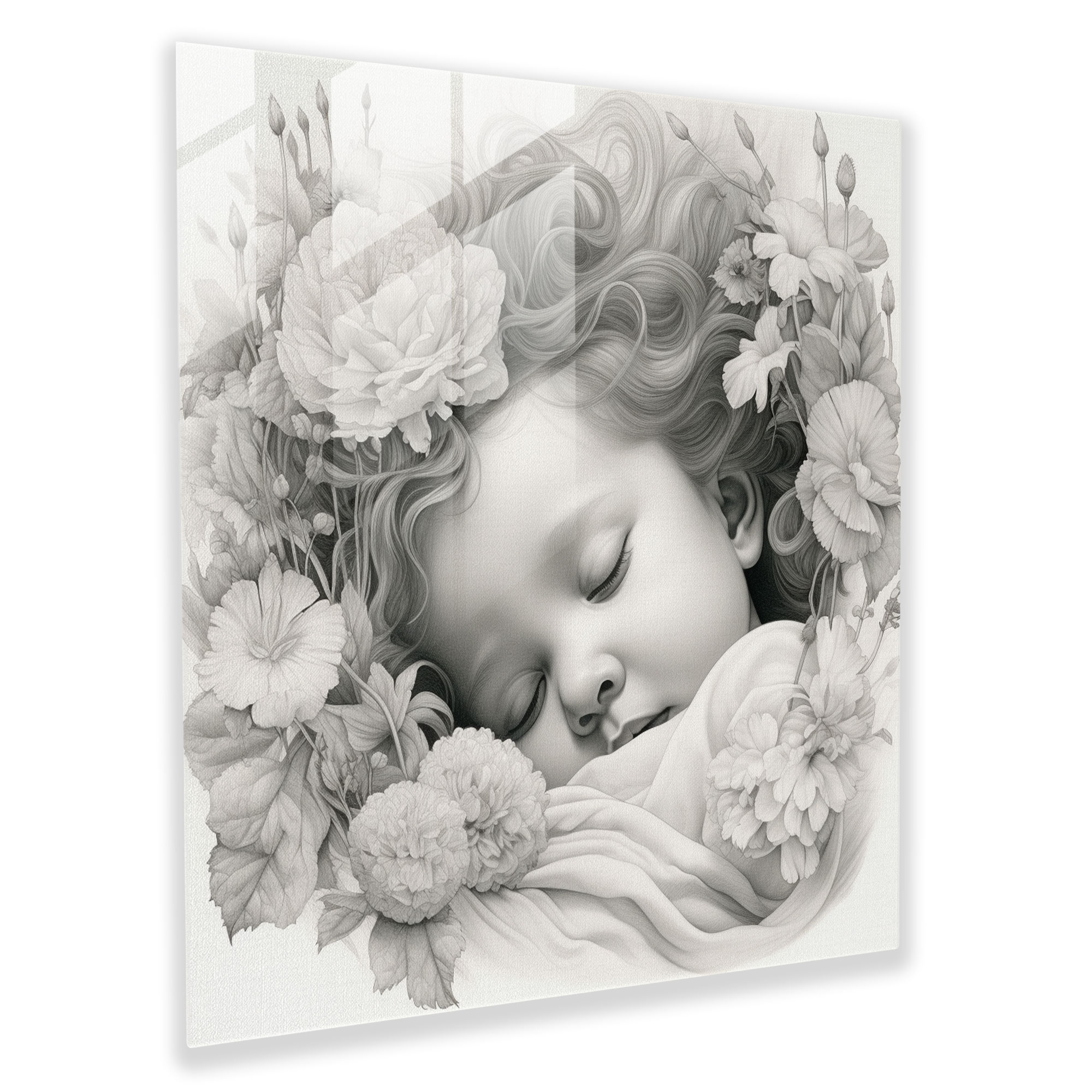 Nursery Pencil Drawing Glass Print - Nursery, Glass Wall Art, Flowers, Modern Art