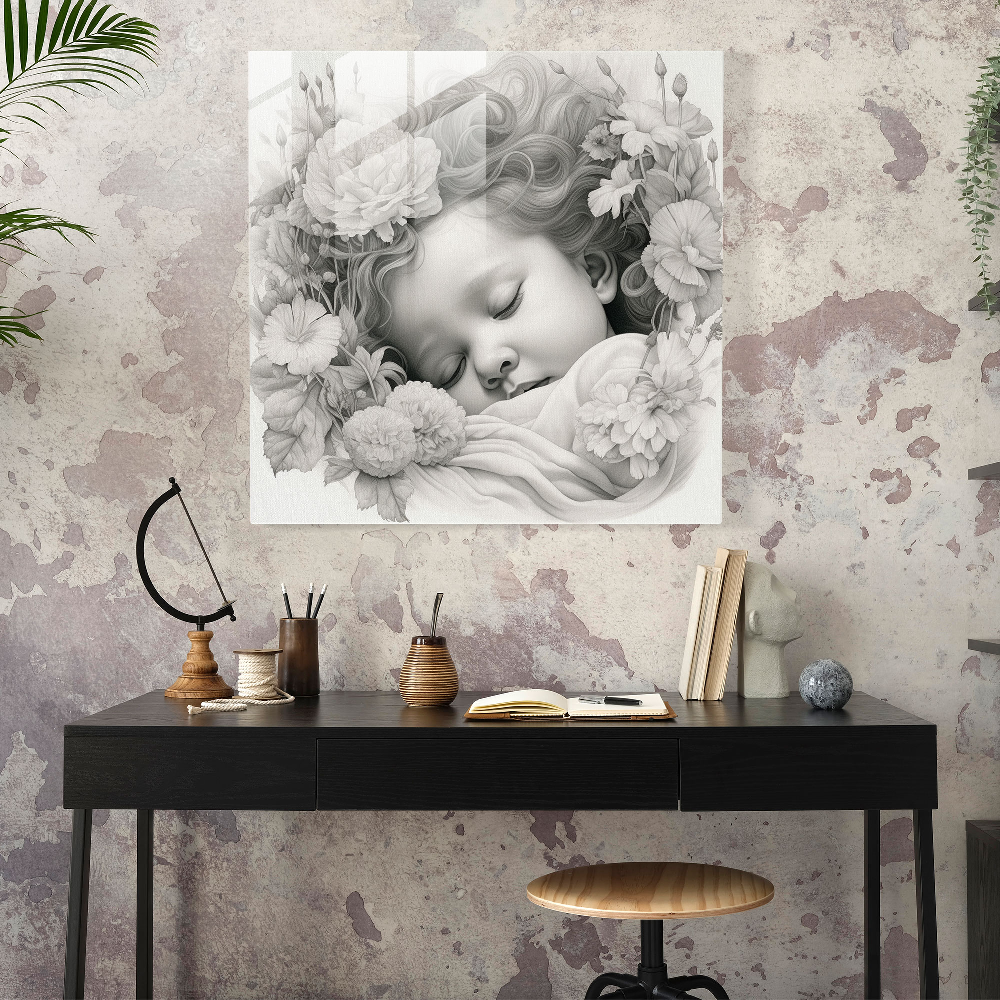 Nursery Pencil Drawing Glass Print - Nursery, Glass Wall Art, Flowers, Modern Art
