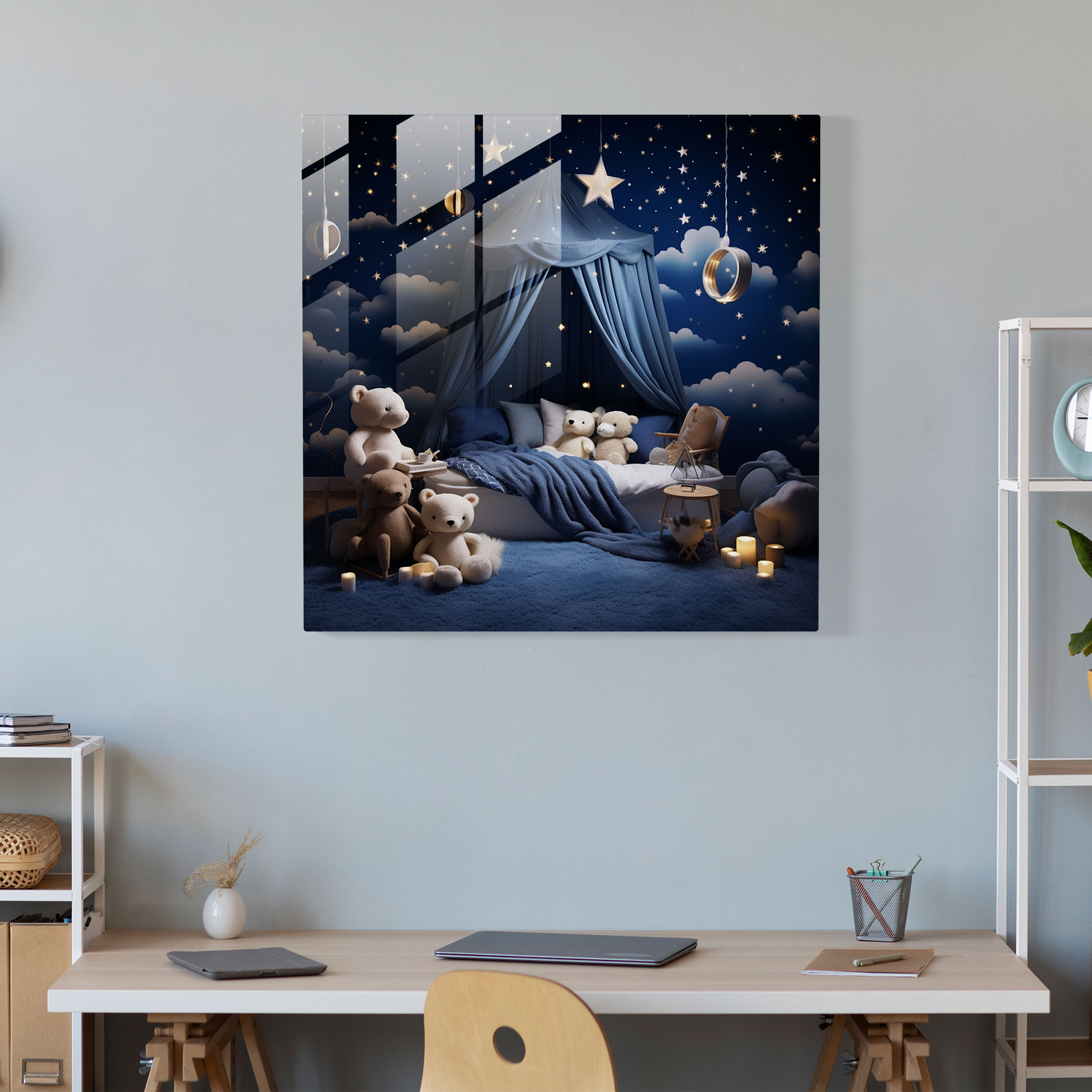 Nursery Starry Night Glass Print - Nursery, Glass Art, Peaceful Atmosphere, Cute Sleepy Animals