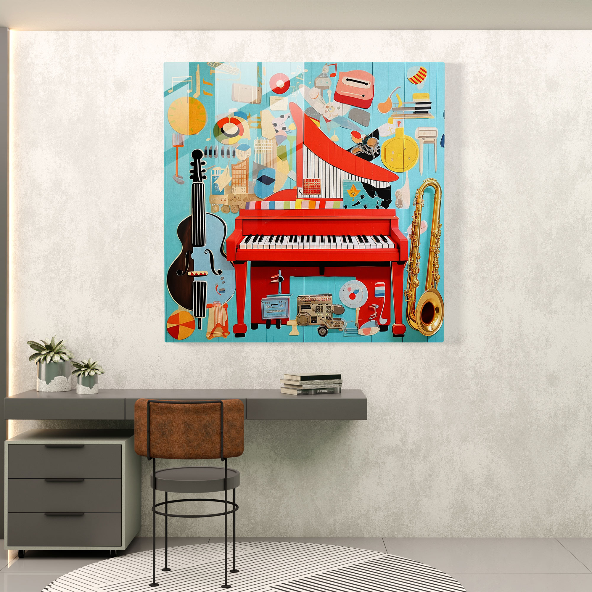 Musical Pop Art Nursery Glass Print - Nursery, Pop Art Collage, Music Theme, Vibrant Instruments