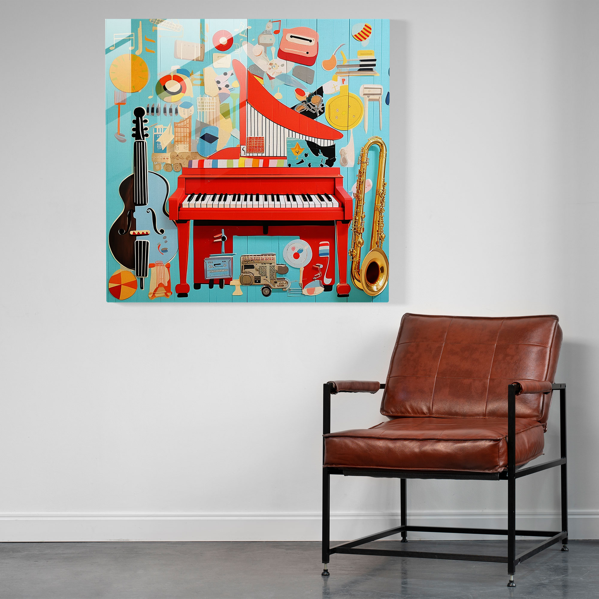 Musical Pop Art Nursery Glass Print - Nursery, Pop Art Collage, Music Theme, Vibrant Instruments