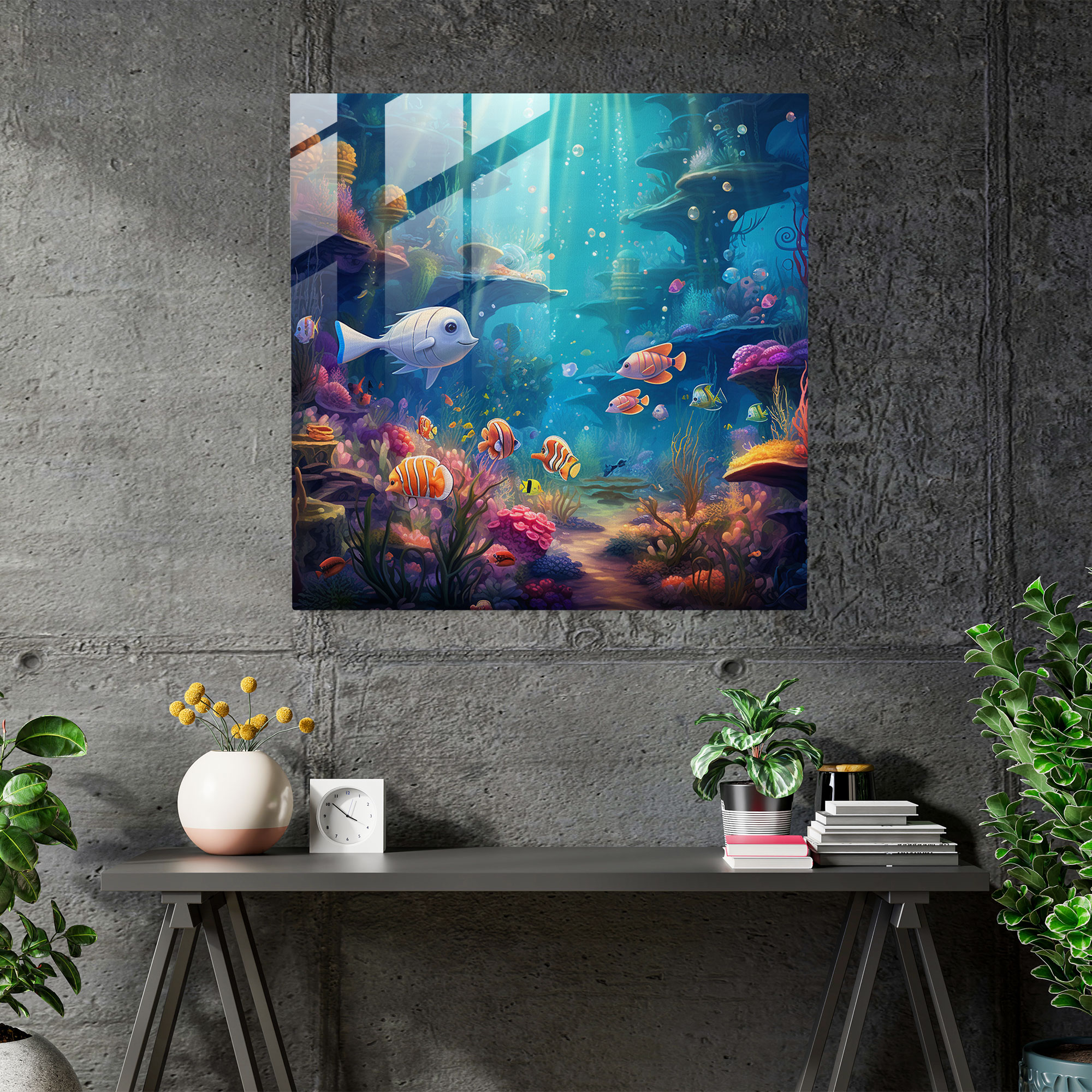 Glasbild Unterwasser-Kinderzimmer - Kinderzimmer schimmerndes Wasser Unterwasser-Design buntes Meeresleben