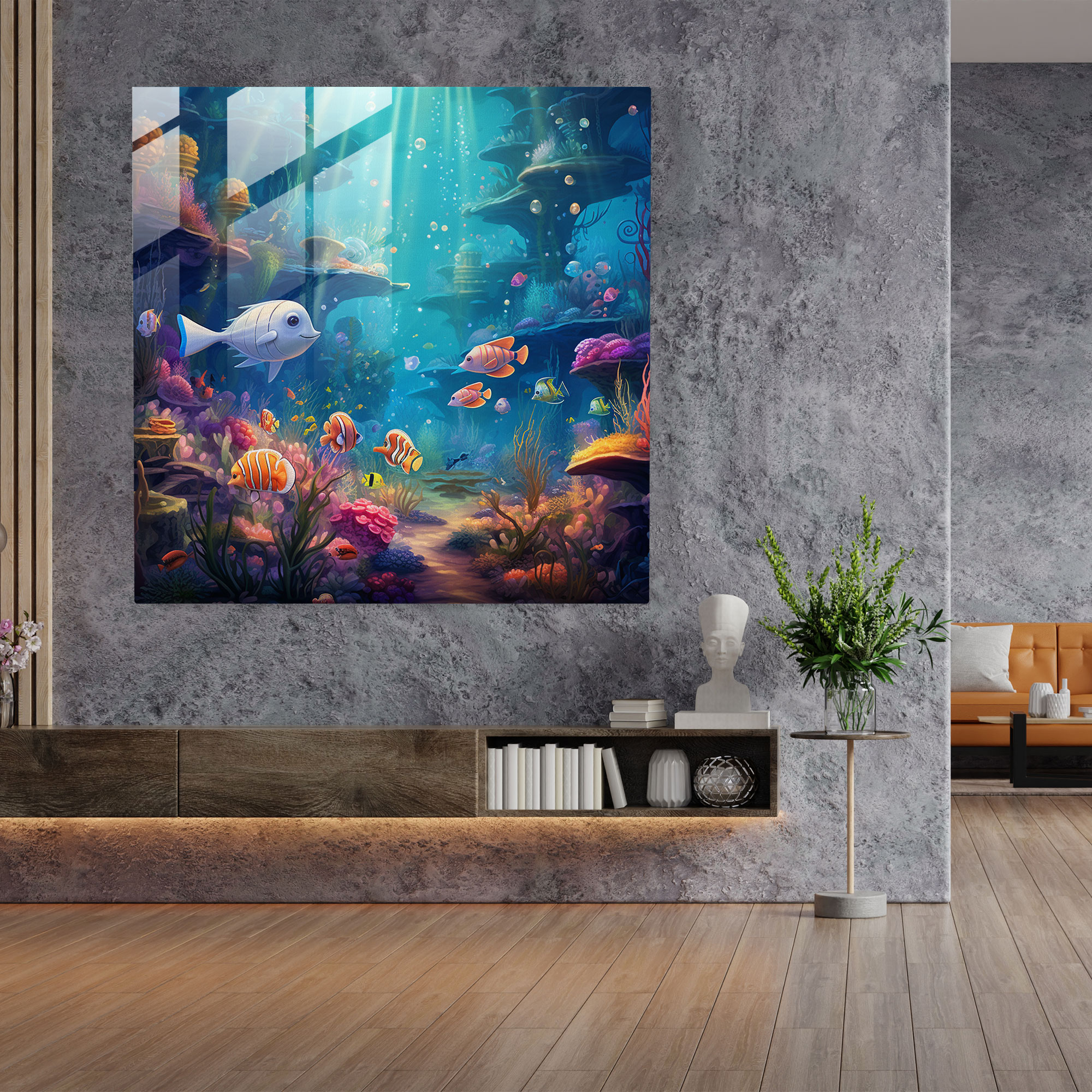 Glasbild Unterwasser-Kinderzimmer - Kinderzimmer schimmerndes Wasser Unterwasser-Design buntes Meeresleben