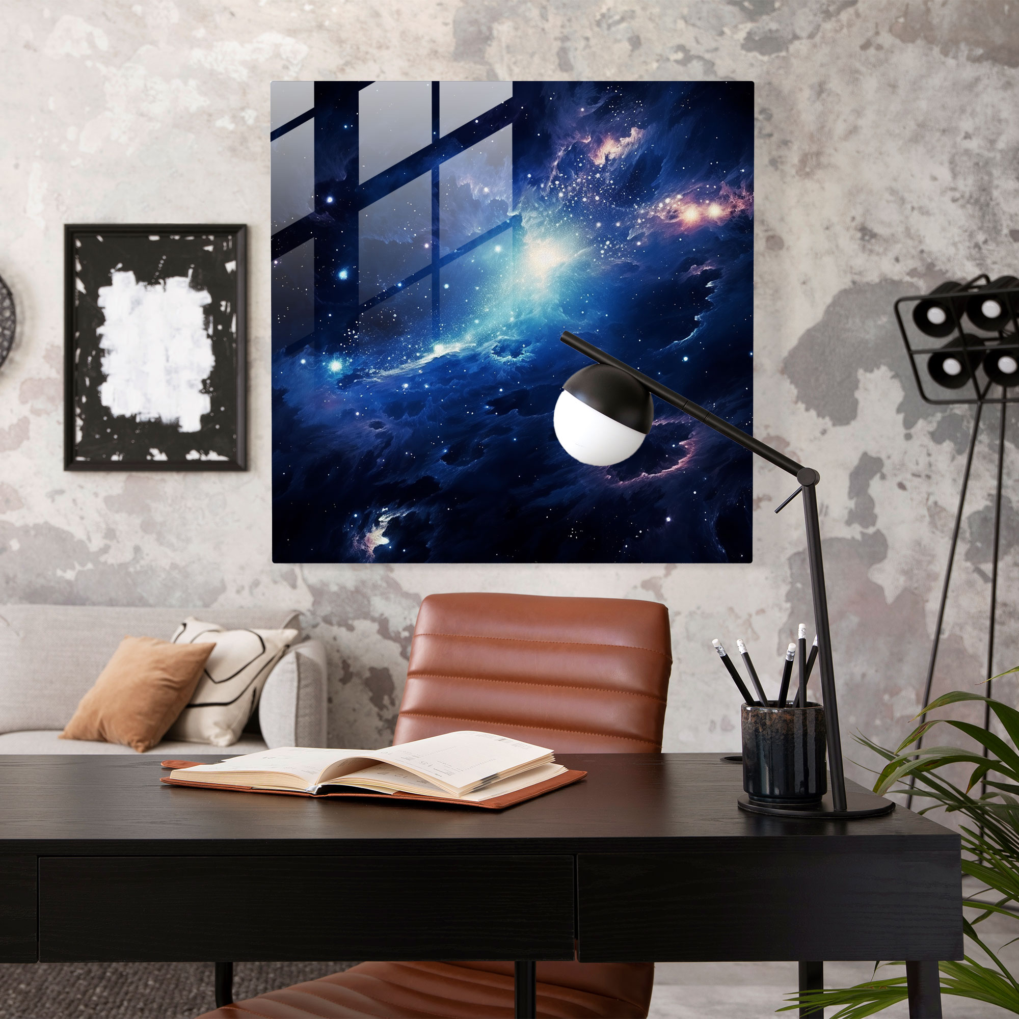 Navy Blue Galaxy Glass Print - Navy Blue, Navy Blue, Glass Print, Home Decoration