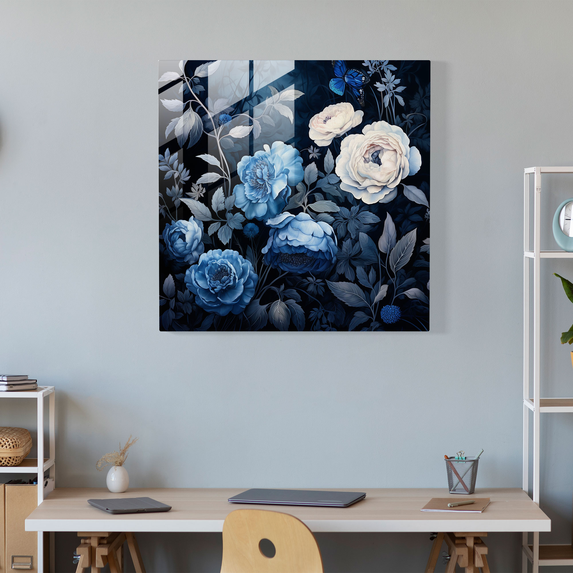 Navy Blue Floral Glass Print - Navy Blue, Navy Blue, Flowers, Modern Art