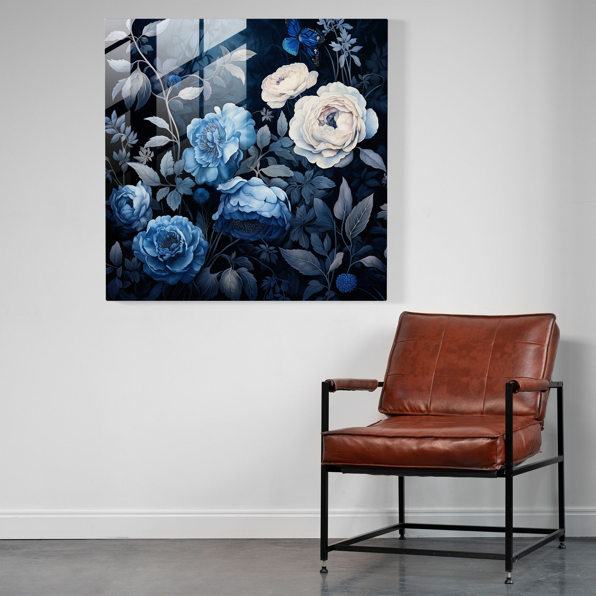 Navy Blue Floral Glass Print - Navy Blue, Navy Blue, Flowers, Modern Art