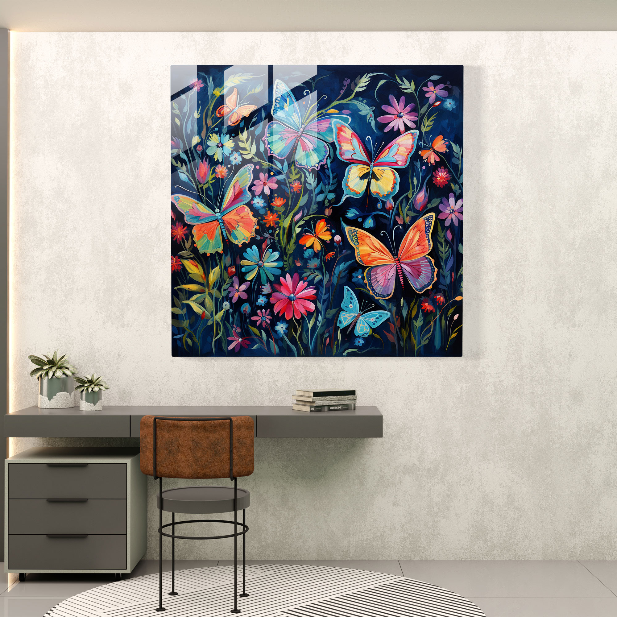 Navy Blue Butterfly Glass Print - Navy Blue, Flowers, Modern Art, Butterflies