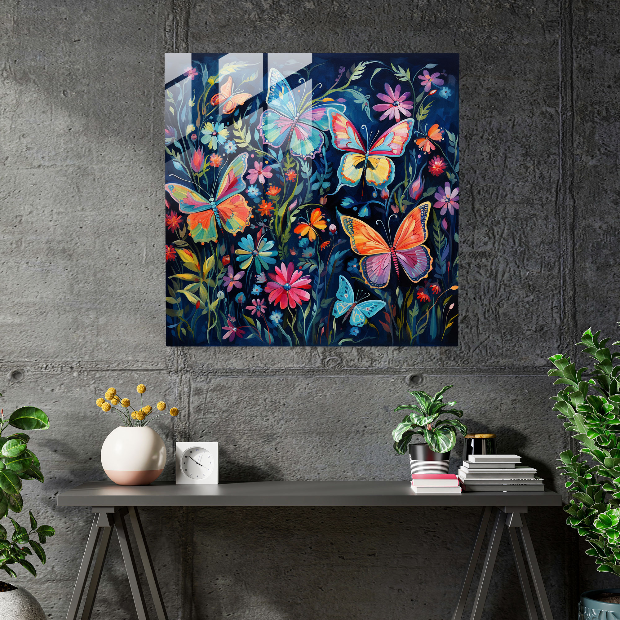 Navy Blue Butterfly Glass Print - Navy Blue, Flowers, Modern Art, Butterflies