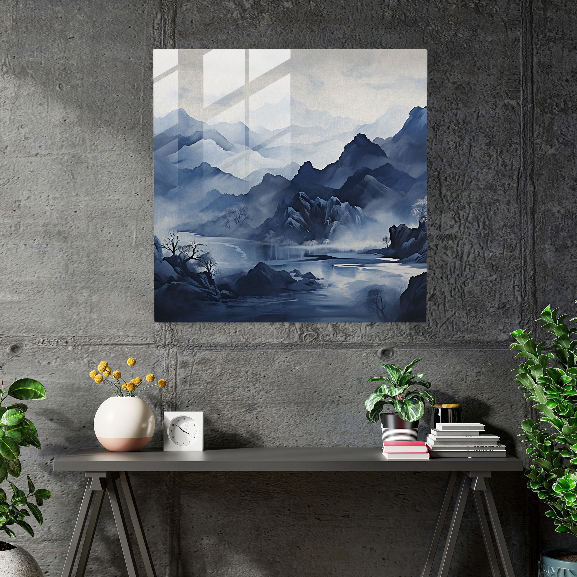 Navy Blue Mountain Glass Print - Navy Blue, Home Decoration, Navy Blue, Glass Art