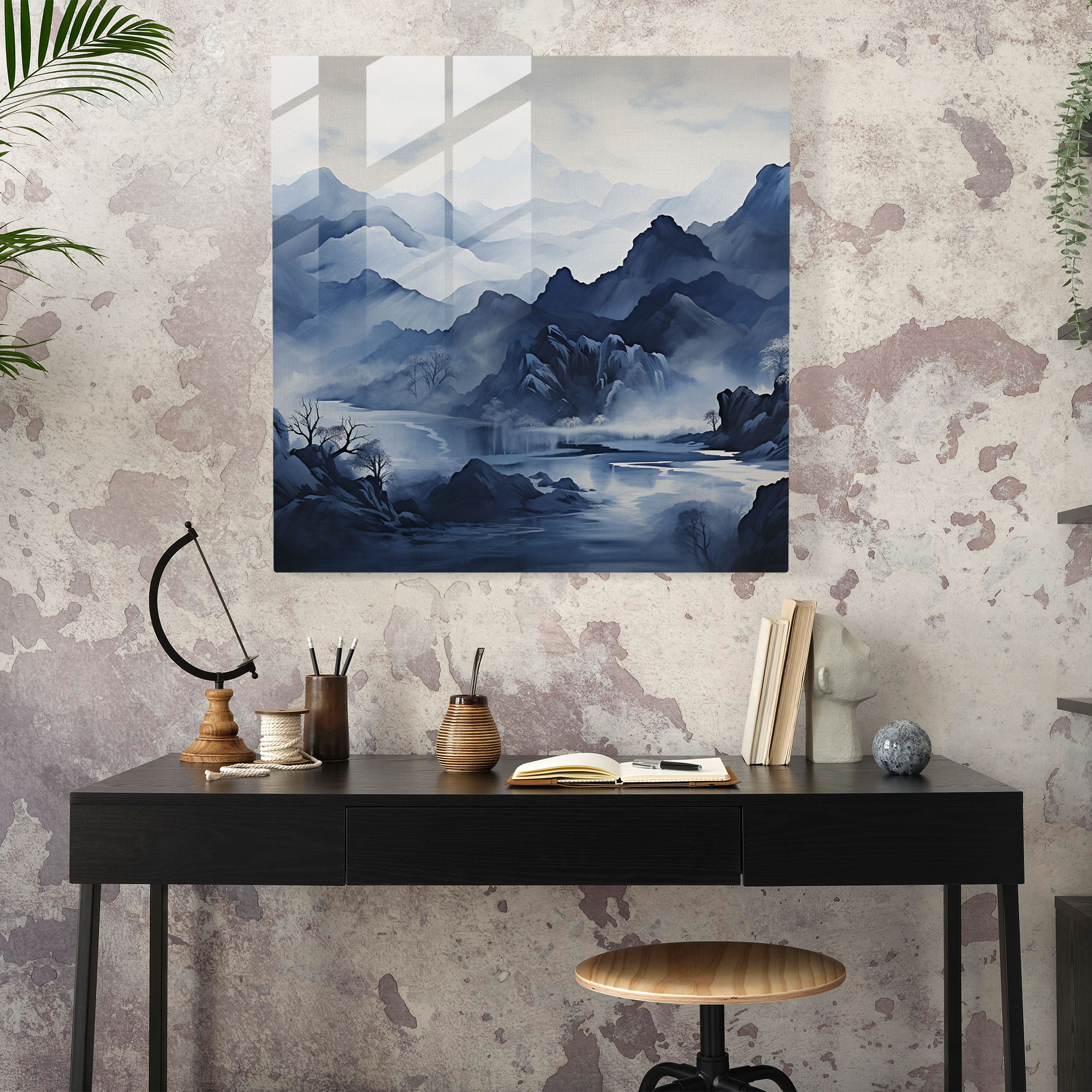 Navy Blue Mountain Glass Print - Navy Blue, Home Decoration, Navy Blue, Glass Art