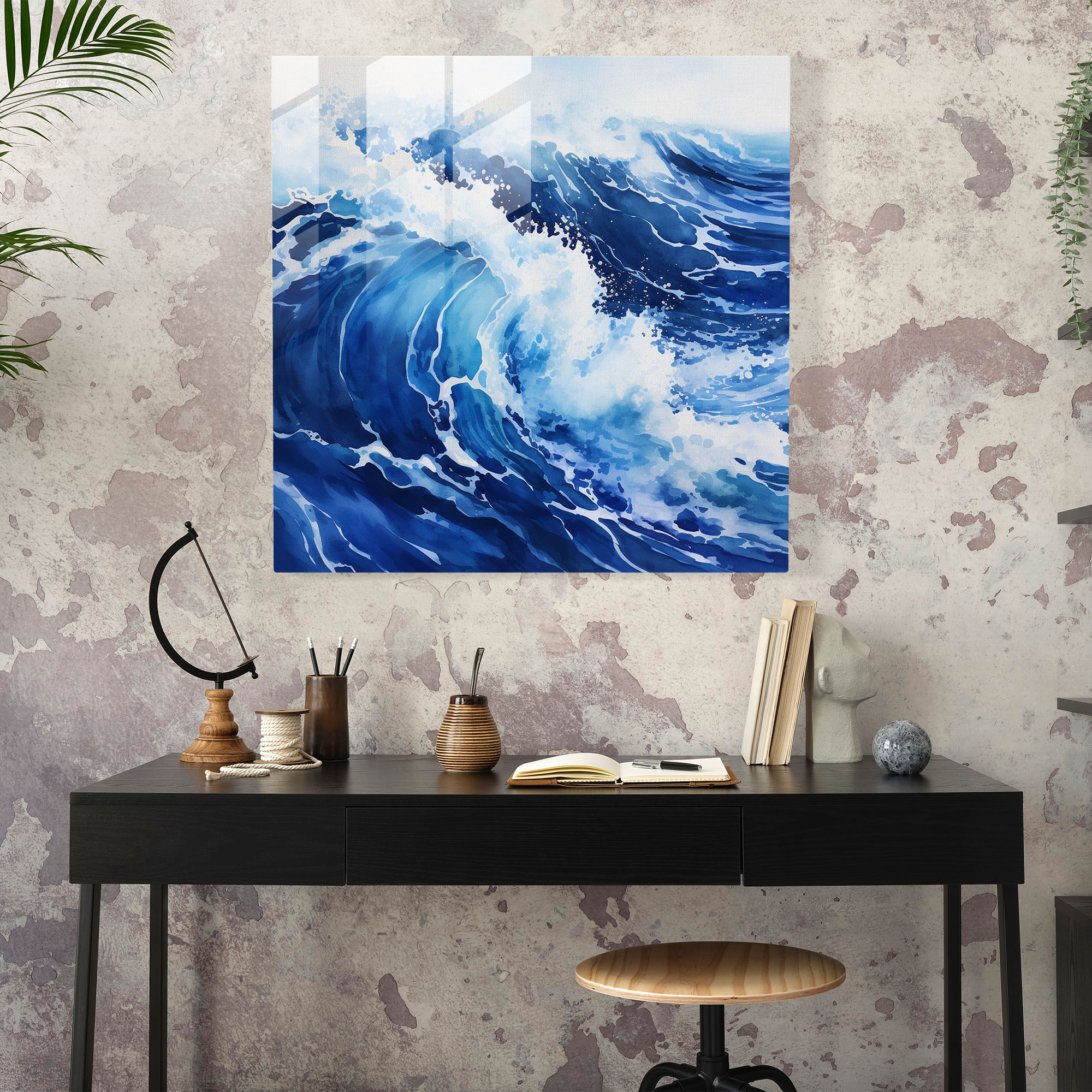 Navy Blue Watercolor Waves Glass Print - Navy Blue, Shore, Glass Wall Art, Home Decoration