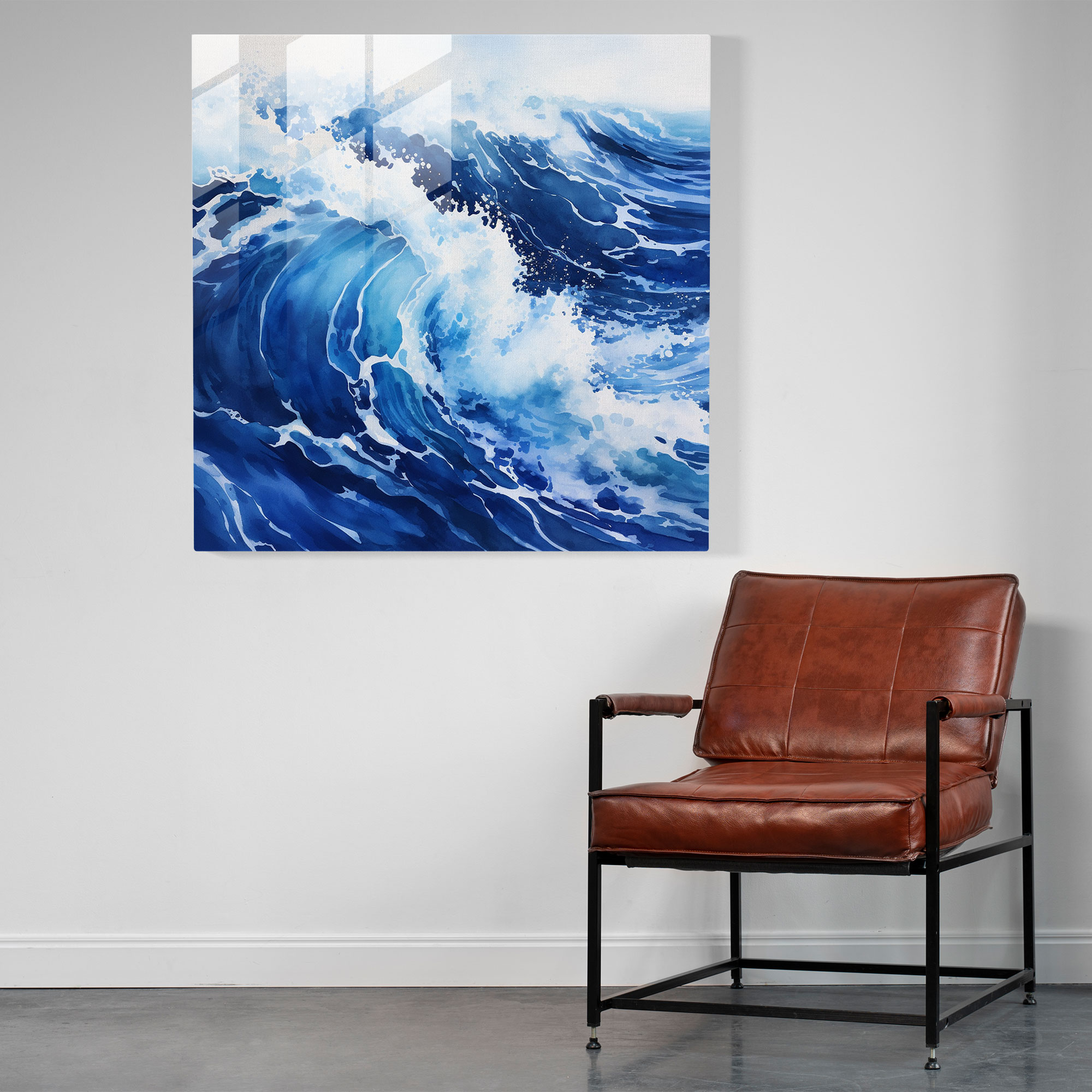 Navy Blue Watercolor Waves Glass Print - Navy Blue, Shore, Glass Wall Art, Home Decoration