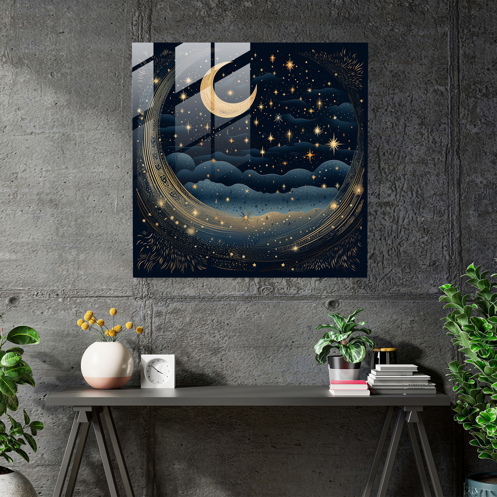 Starry Night Navy Blue Glass Print - Navy Blue, Night Sky, Glass Print, Moon