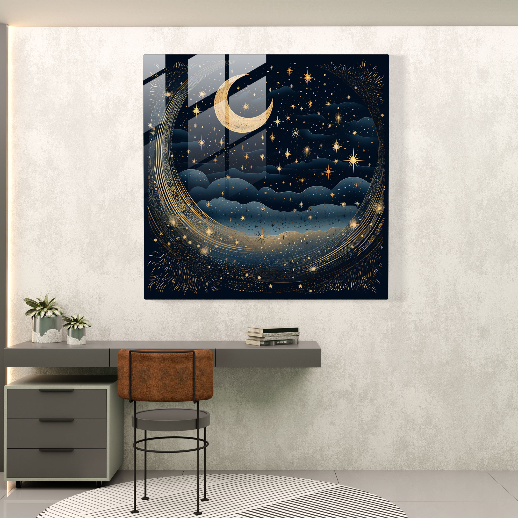 Starry Night Navy Blue Glass Print - Navy Blue, Night Sky, Glass Print, Moon