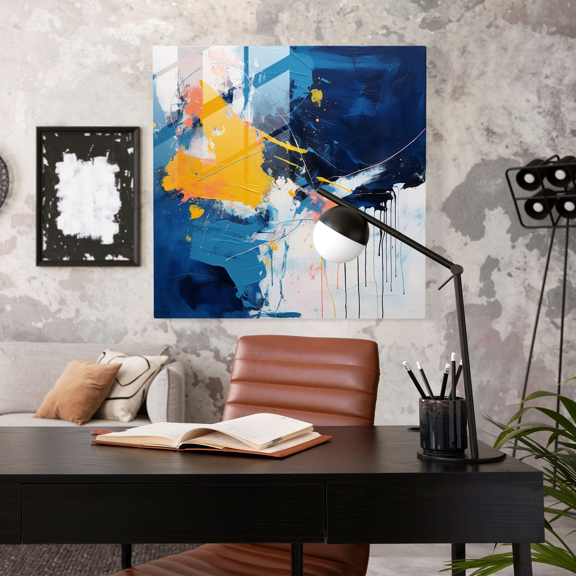 Navy Blue Abstract Brushstrokes Glass Print - Navy Blue, Brushstrokes, Abstract Art, Glass Print