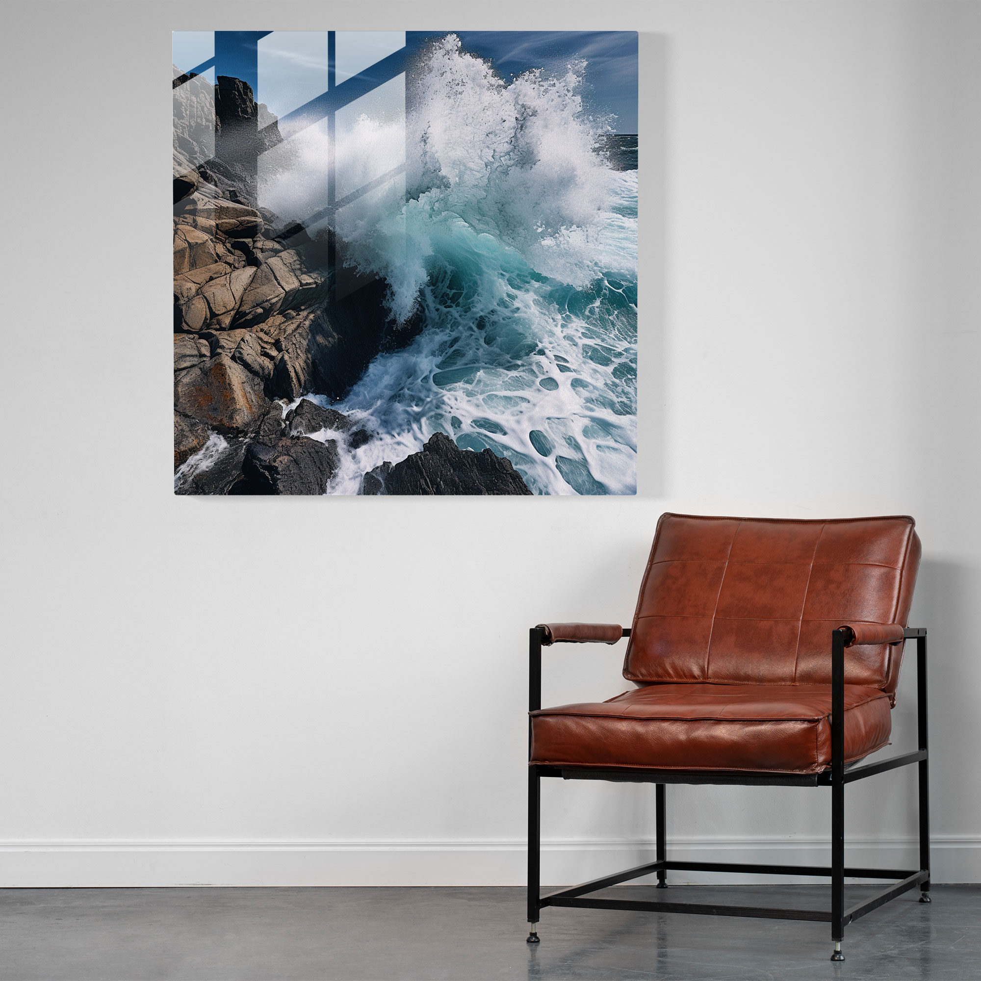 Deniz Mavisi Deniz Dalgaları Cam Tablo - Deniz Mavisi Kıyı Çizgisi Modern Sanat Cam Sanatı