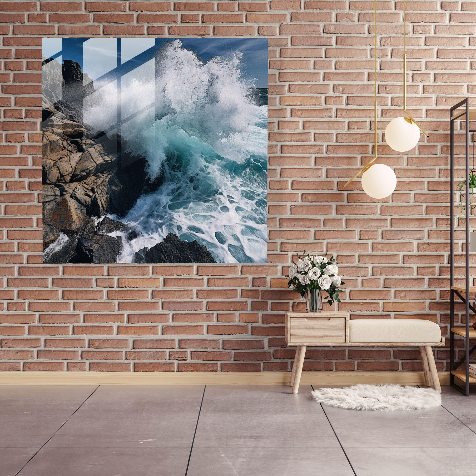 Deniz Mavisi Deniz Dalgaları Cam Tablo - Deniz Mavisi Kıyı Çizgisi Modern Sanat Cam Sanatı