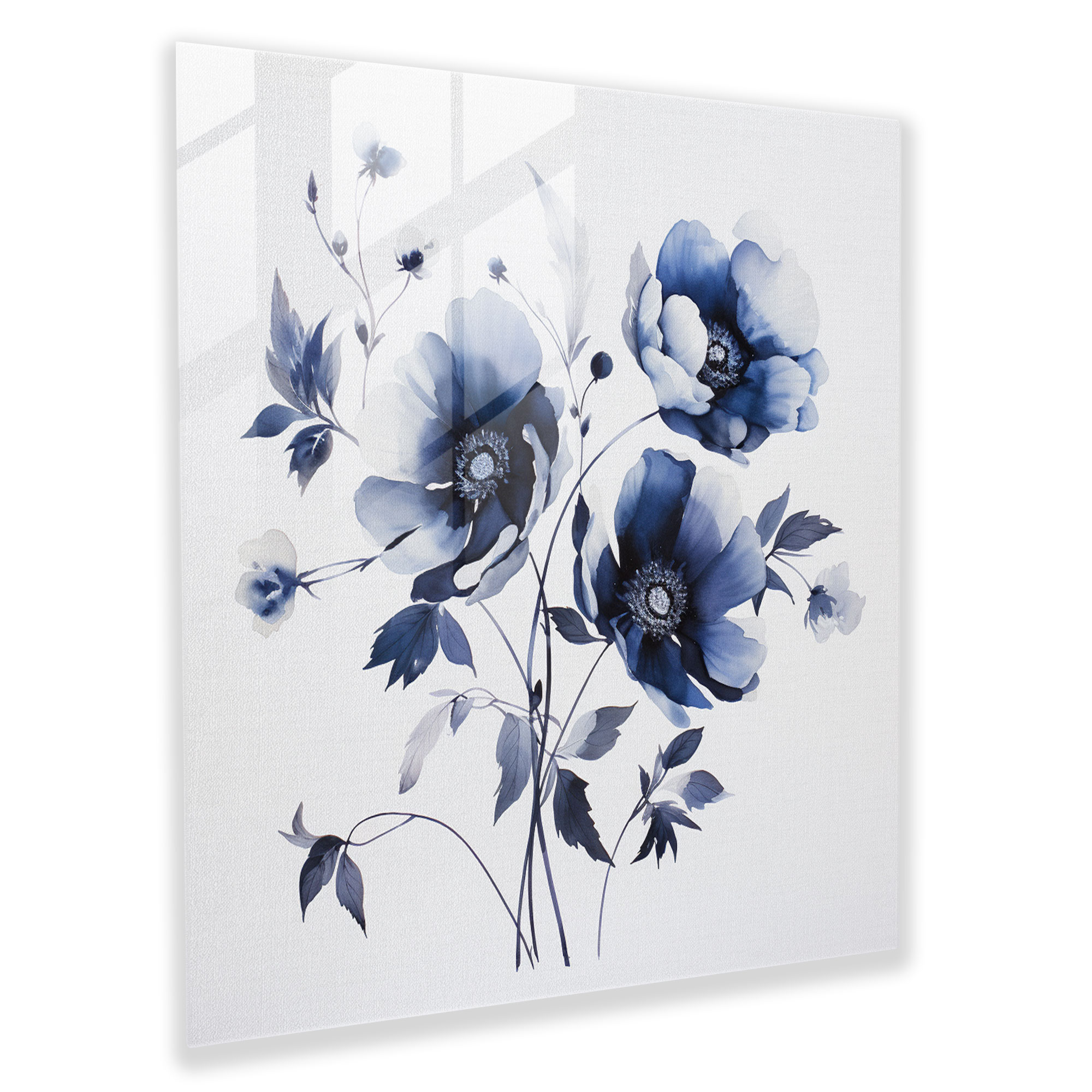Tranquil Blooms Navy Blue Glass Print - Navy Blue, Blooms, Glass Wall Art, Wall Decoration