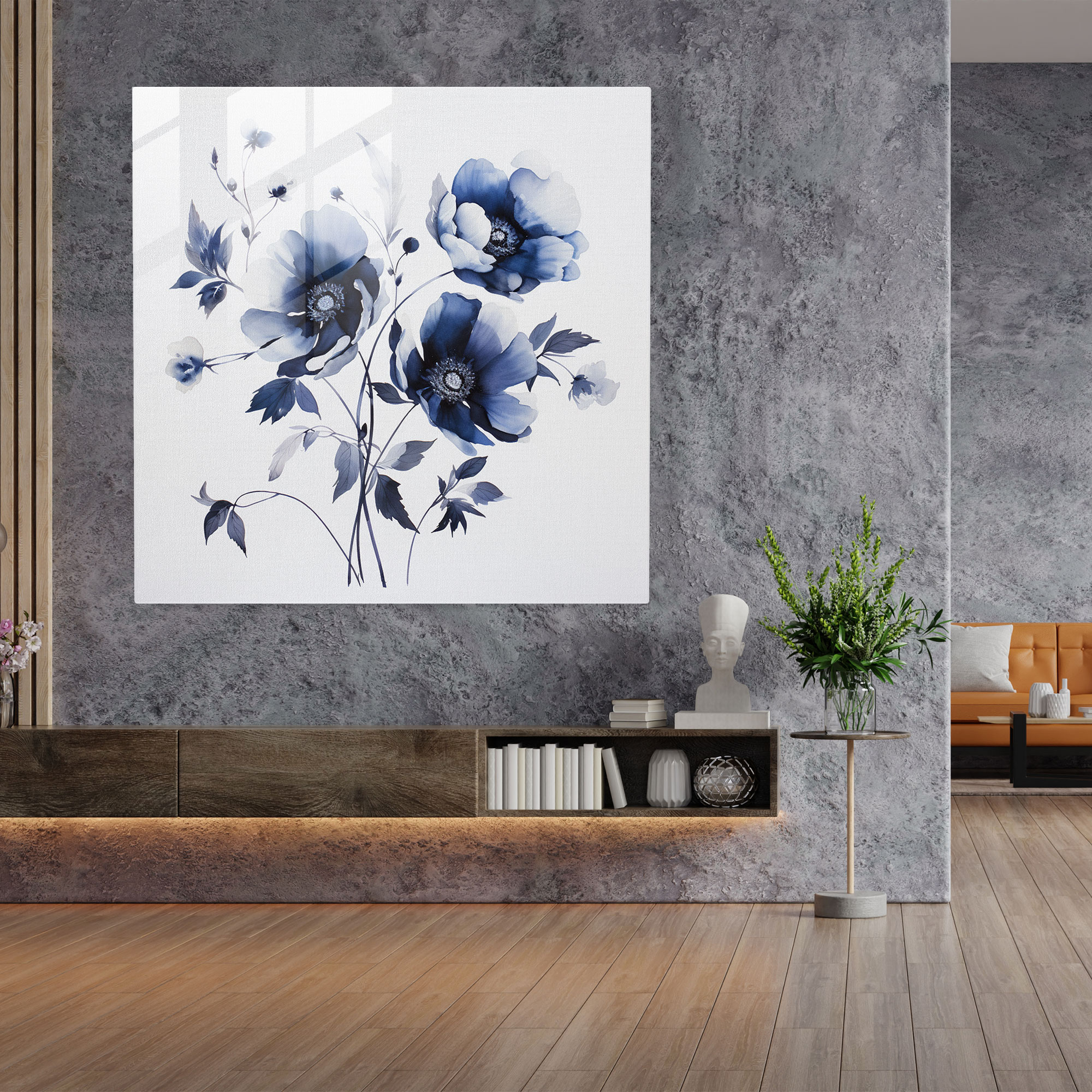 Tranquil Blooms Navy Blue Glass Print - Navy Blue, Blooms, Glass Wall Art, Wall Decoration