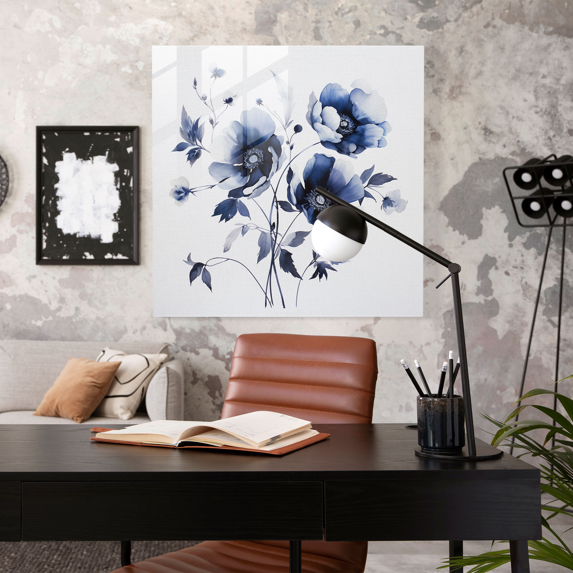 Tranquil Blooms Navy Blue Glass Print - Navy Blue, Blooms, Glass Wall Art, Wall Decoration