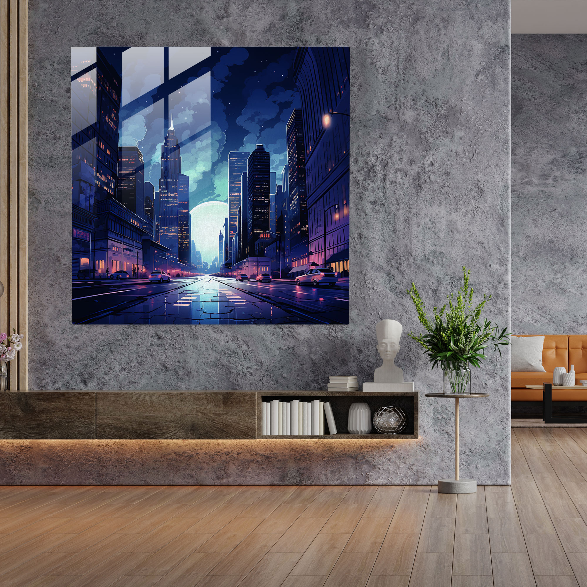 City Nights Navy Blue Glass Print - Navy Blue, Skyscrapers, Navy Blue, Night