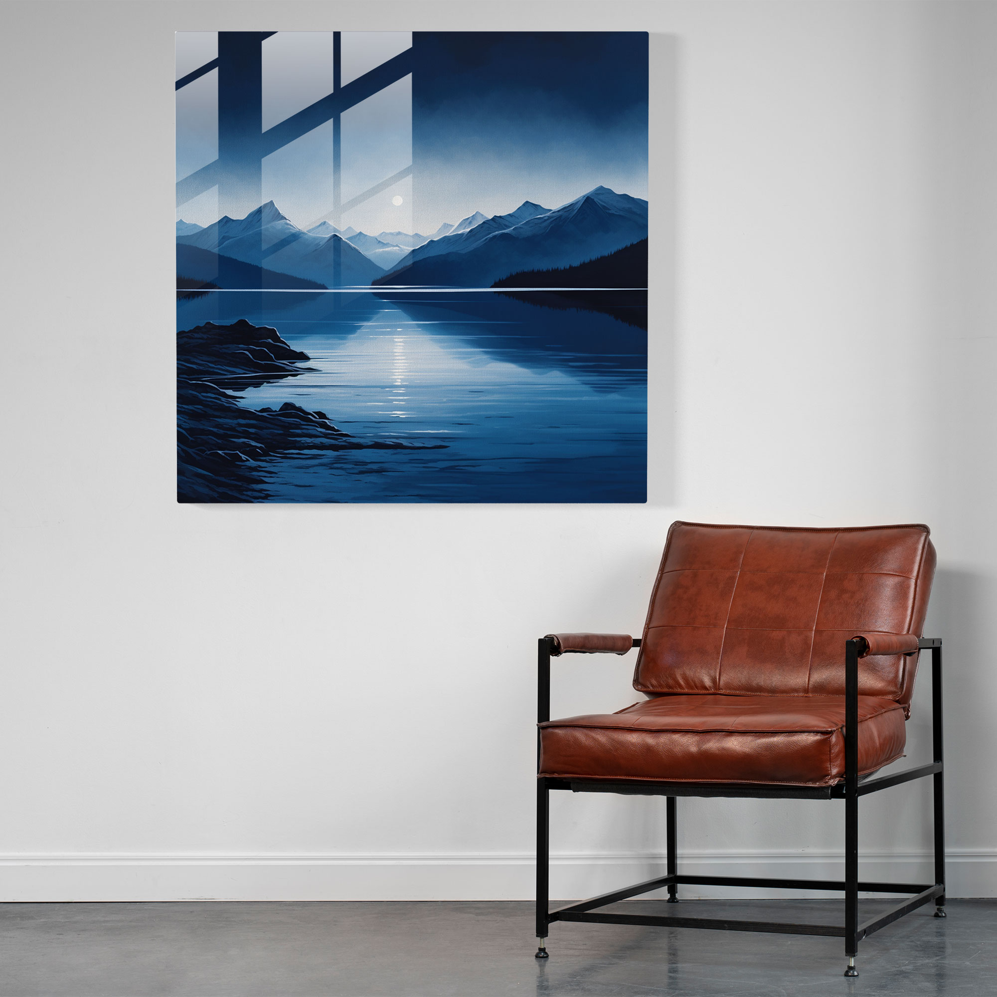 Mountain Reflections Navy Blue Glass Print - Navy Blue, Wall Decoration, Glass Art, Lake