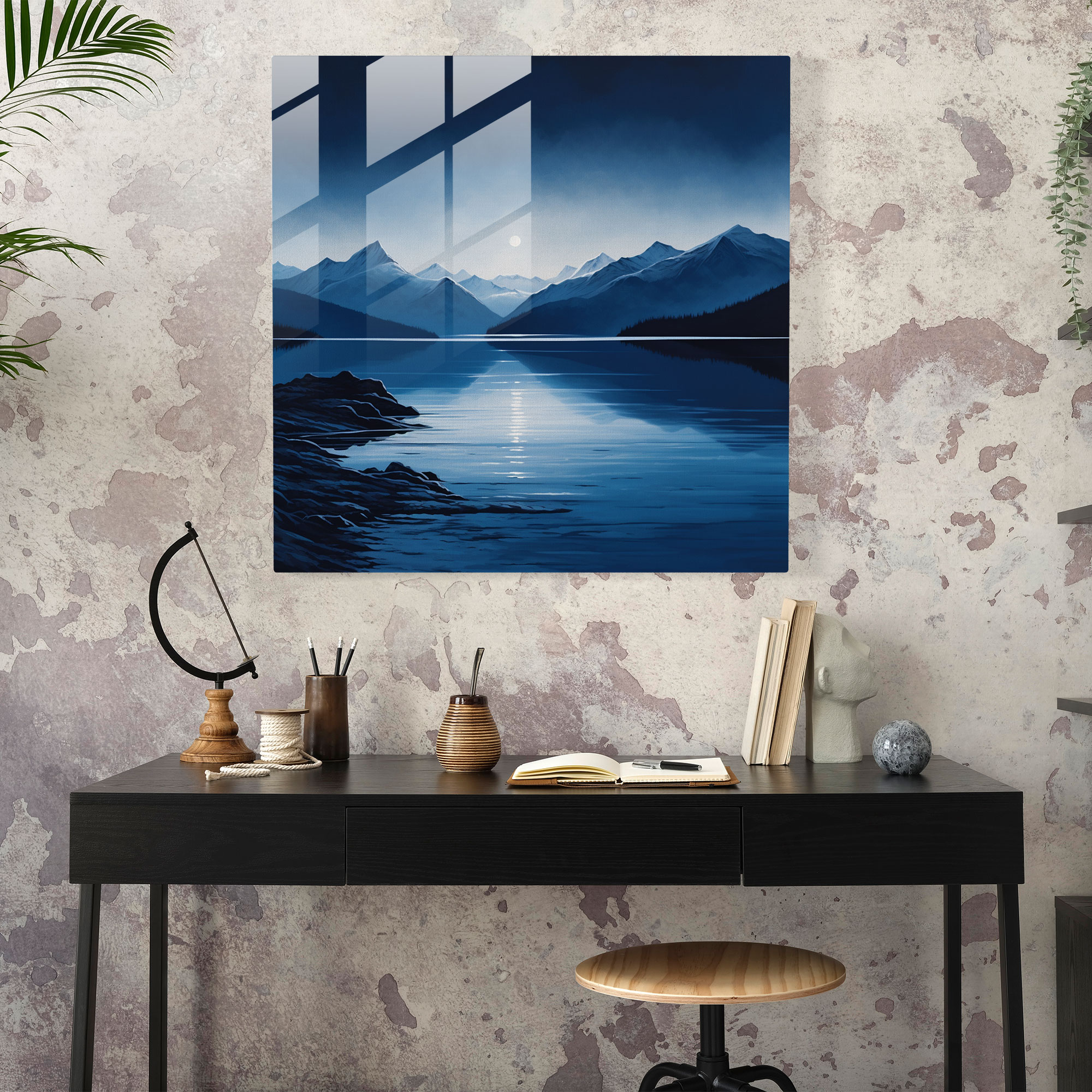 Mountain Reflections Navy Blue Glass Print - Navy Blue, Wall Decoration, Glass Art, Lake