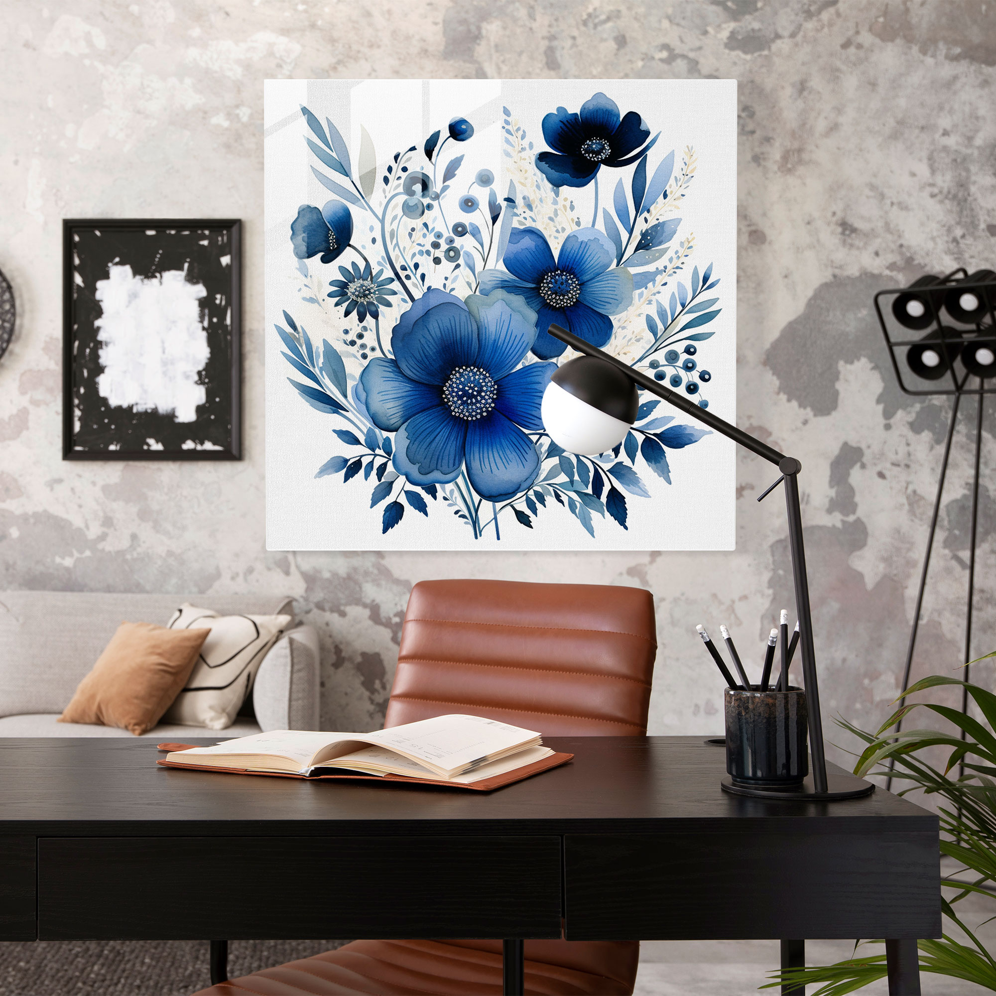 Lacivert Suluboya Cam Tablo - Modern Sanat Ev Dekorasyonu Duvar Dekorasyonu