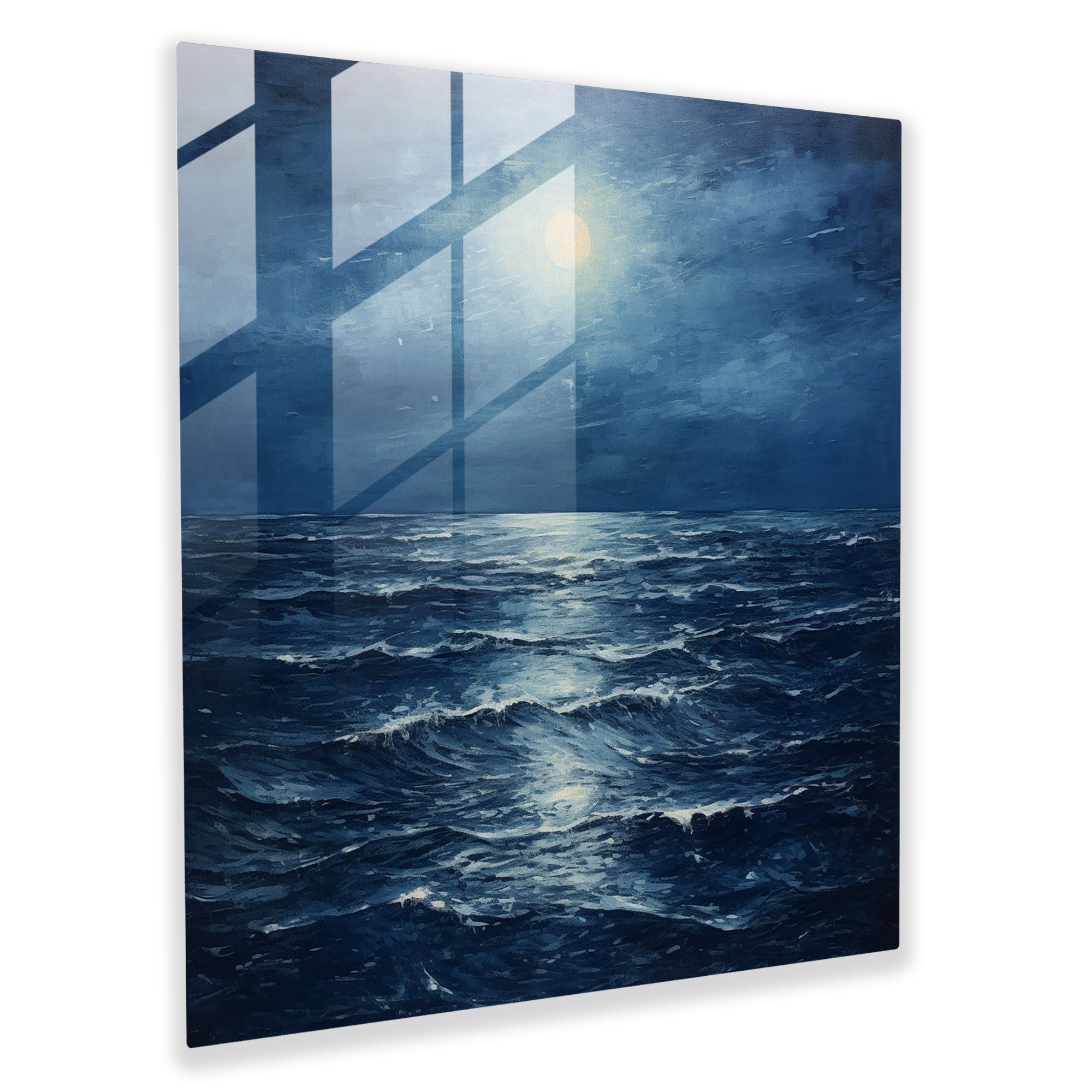 Navy Blue Moonlit Ocean Glass Print - Navy Blue, Glass Print, Glass Wall Art, Impressionist Landscape