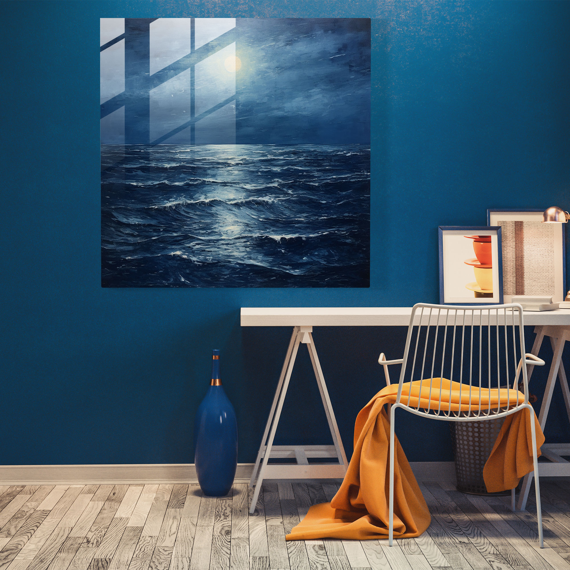 Navy Blue Moonlit Ocean Glass Print - Navy Blue, Glass Print, Glass Wall Art, Impressionist Landscape