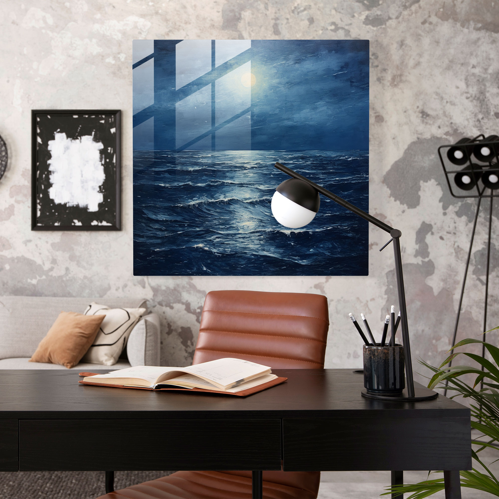 Navy Blue Moonlit Ocean Glass Print - Navy Blue, Glass Print, Glass Wall Art, Impressionist Landscape