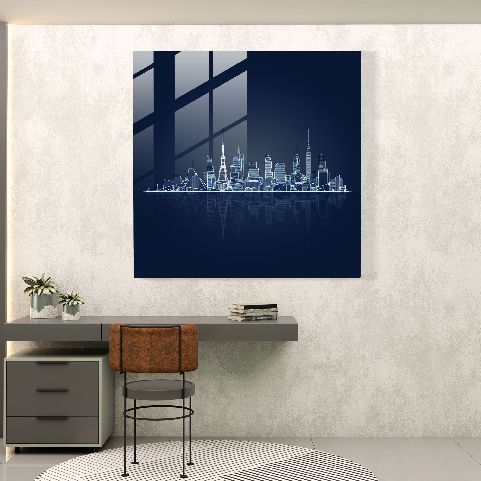 Navy Blue City Landmarks Glass Print - Navy Blue, City Landmarks, Glass Print, Minimalist Silhouette