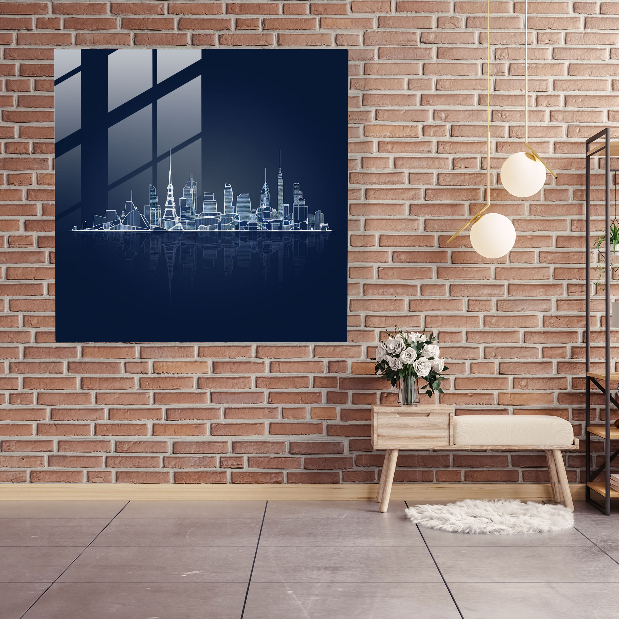 Navy Blue City Landmarks Glass Print - Navy Blue, City Landmarks, Glass Print, Minimalist Silhouette