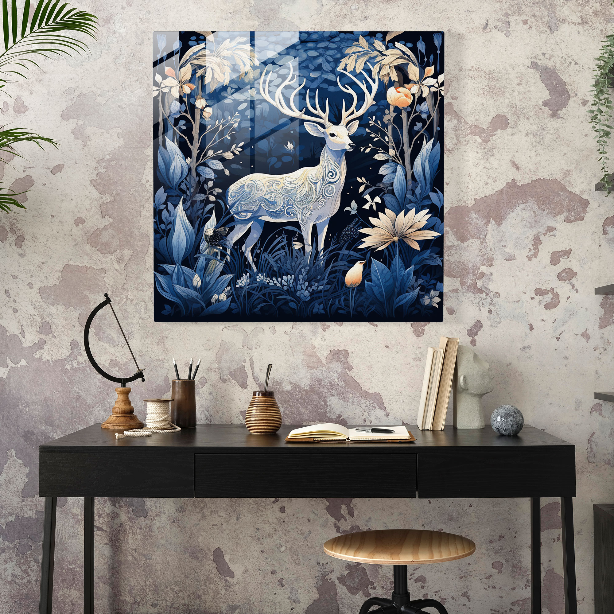 Navy Blue Wildlife Glass Print - Navy Blue, Navy Blue, Home Decoration, Wall Decoration