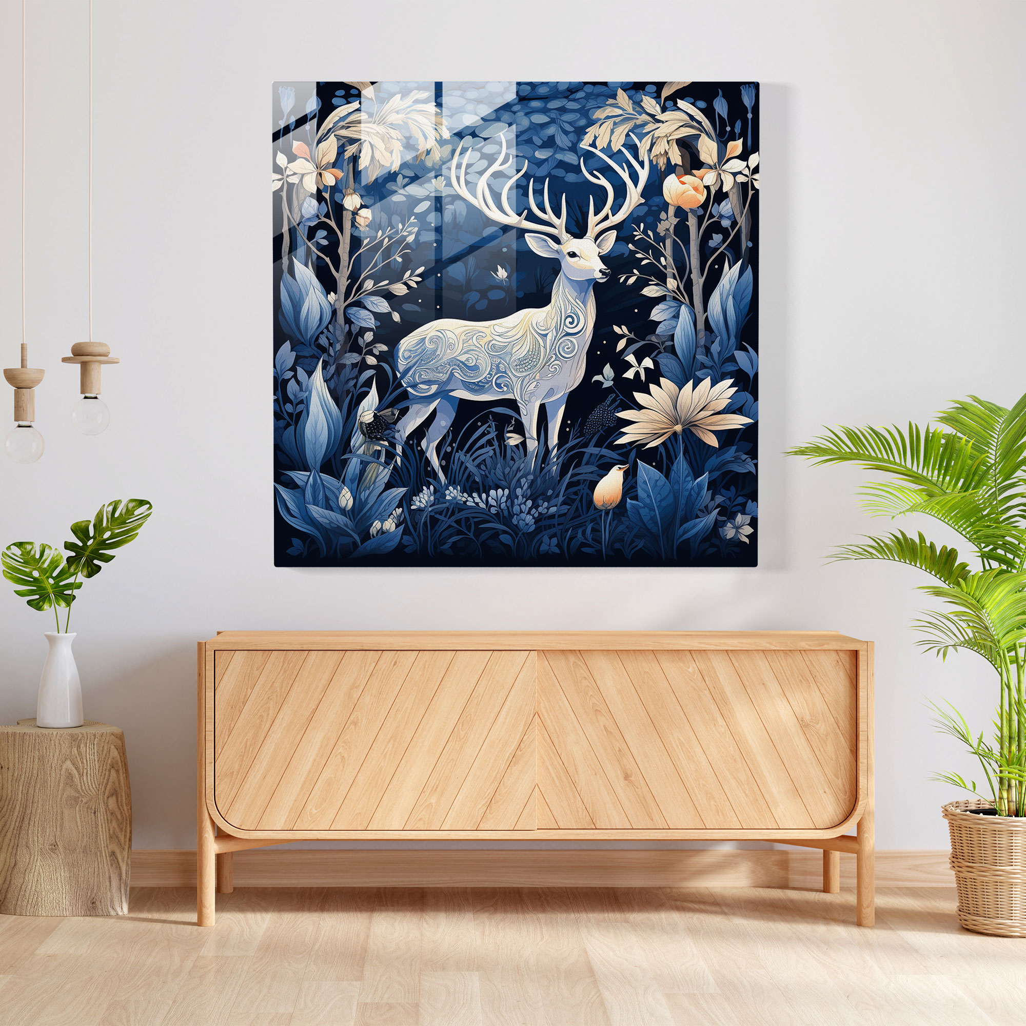Navy Blue Wildlife Glass Print - Navy Blue, Navy Blue, Home Decoration, Wall Decoration