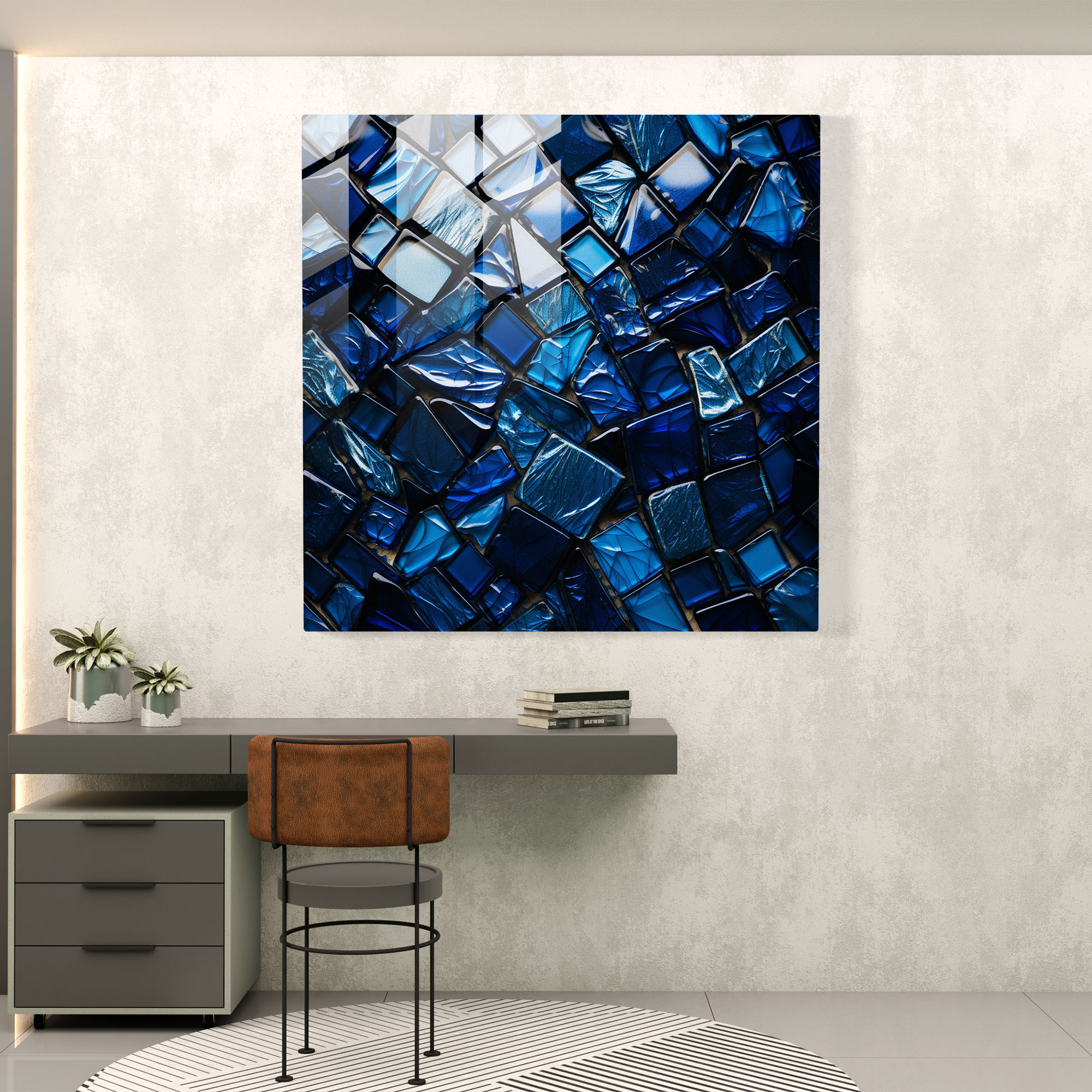 Navy Blue Mosaic Glass Print - Navy Blue, Glass Print, Abstract Composition, Navy Blue