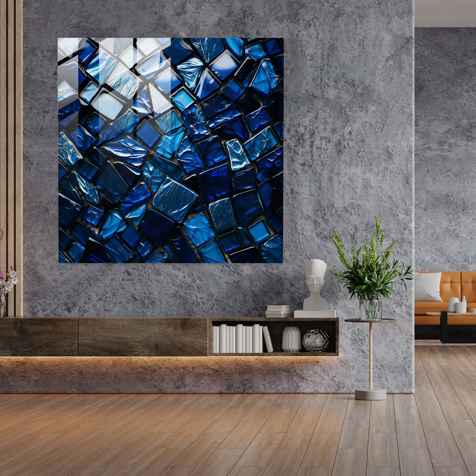 Navy Blue Mosaic Glass Print - Navy Blue, Glass Print, Abstract Composition, Navy Blue